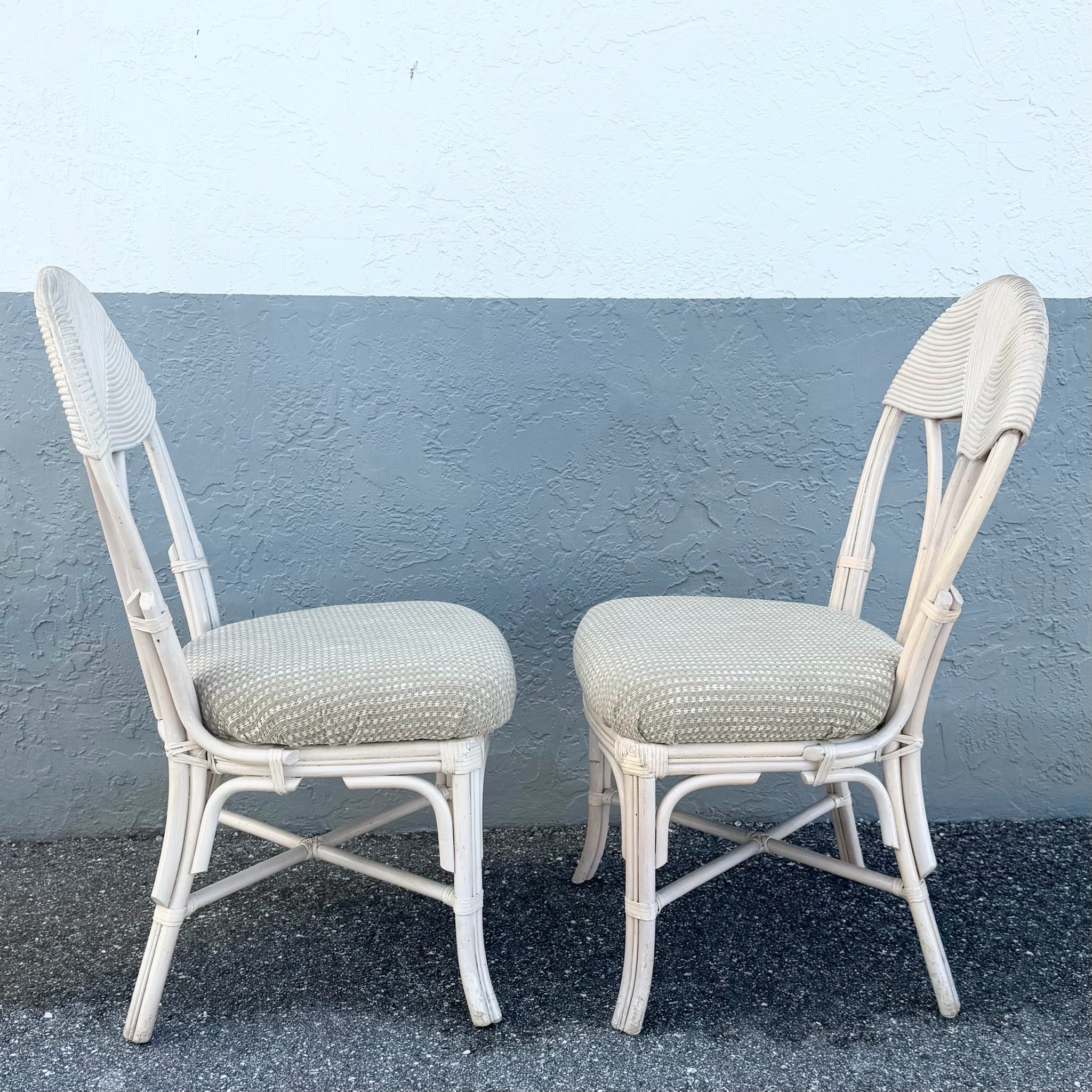 Boho Chic Sculpted Pencil Reed Leaf Back Rattan Dining Chairs - Set of 4 Dolphin & Flamingo