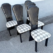 Art Deco Black Lacquered High Back Dining Chairs - Set of 5 Dolphin & Flamingo