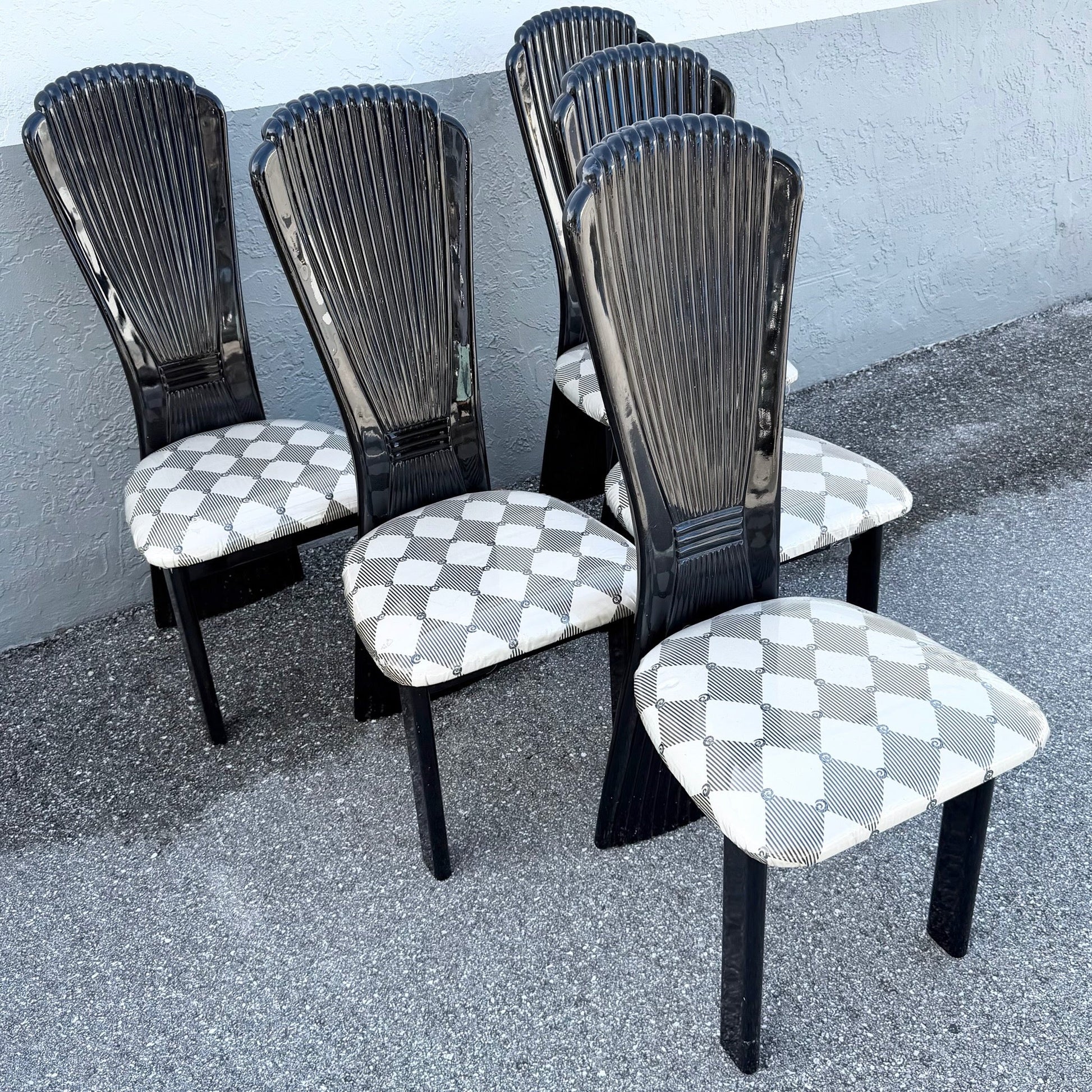Art Deco Black Lacquered High Back Dining Chairs - Set of 5 Dolphin & Flamingo