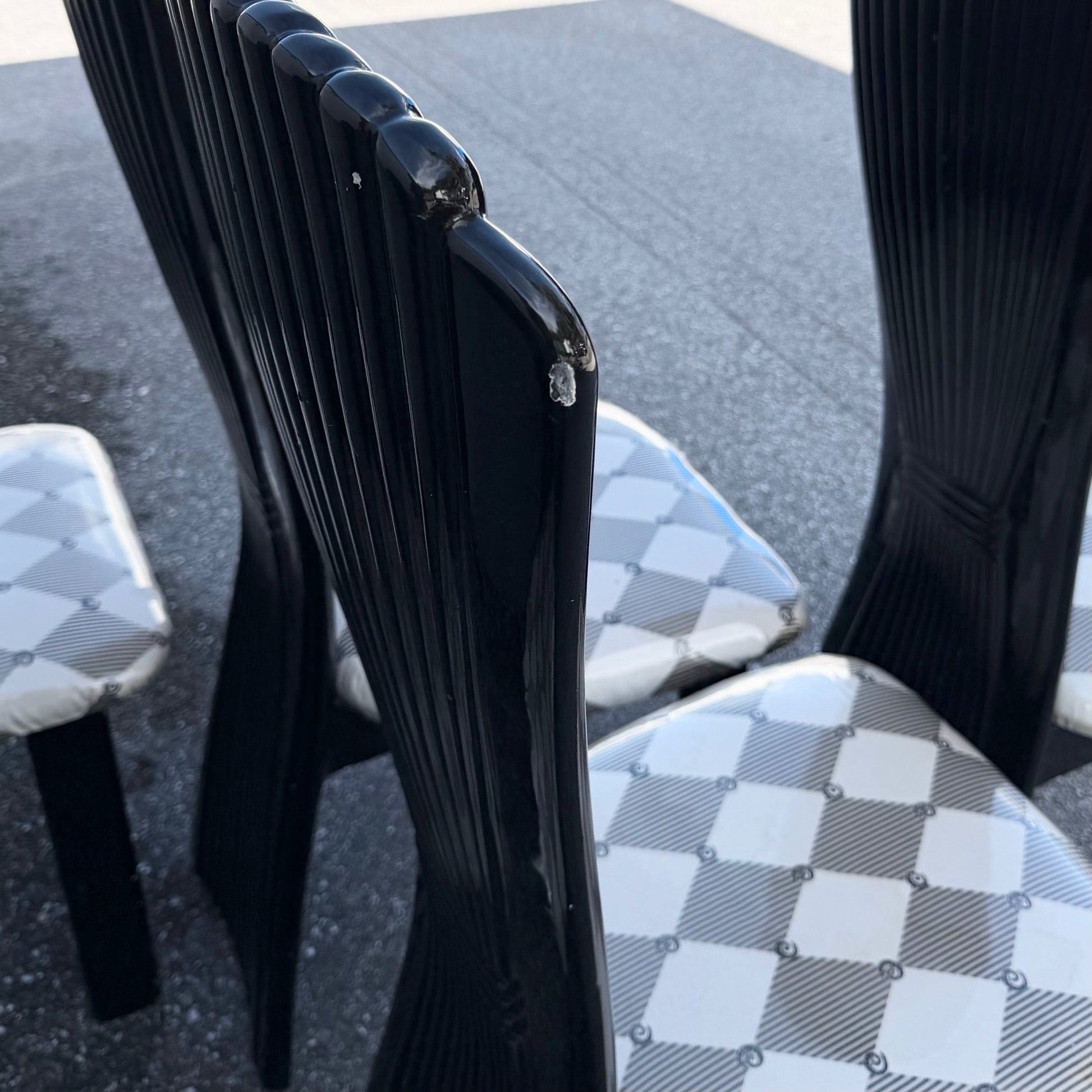 Art Deco Black Lacquered High Back Dining Chairs - Set of 5 Dolphin & Flamingo