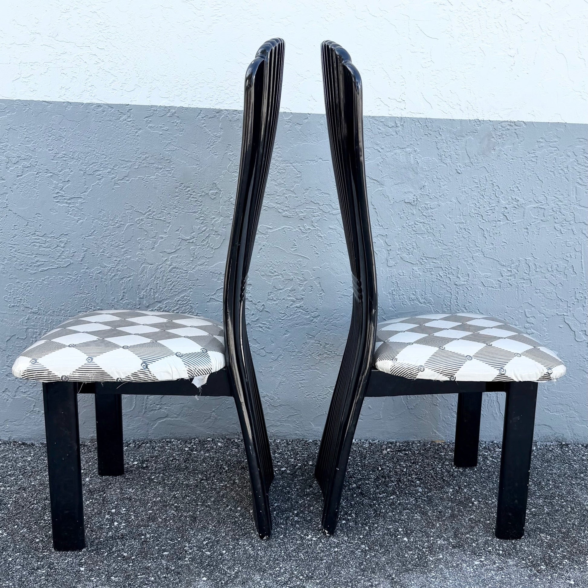 Art Deco Black Lacquered High Back Dining Chairs - Set of 5 Dolphin & Flamingo