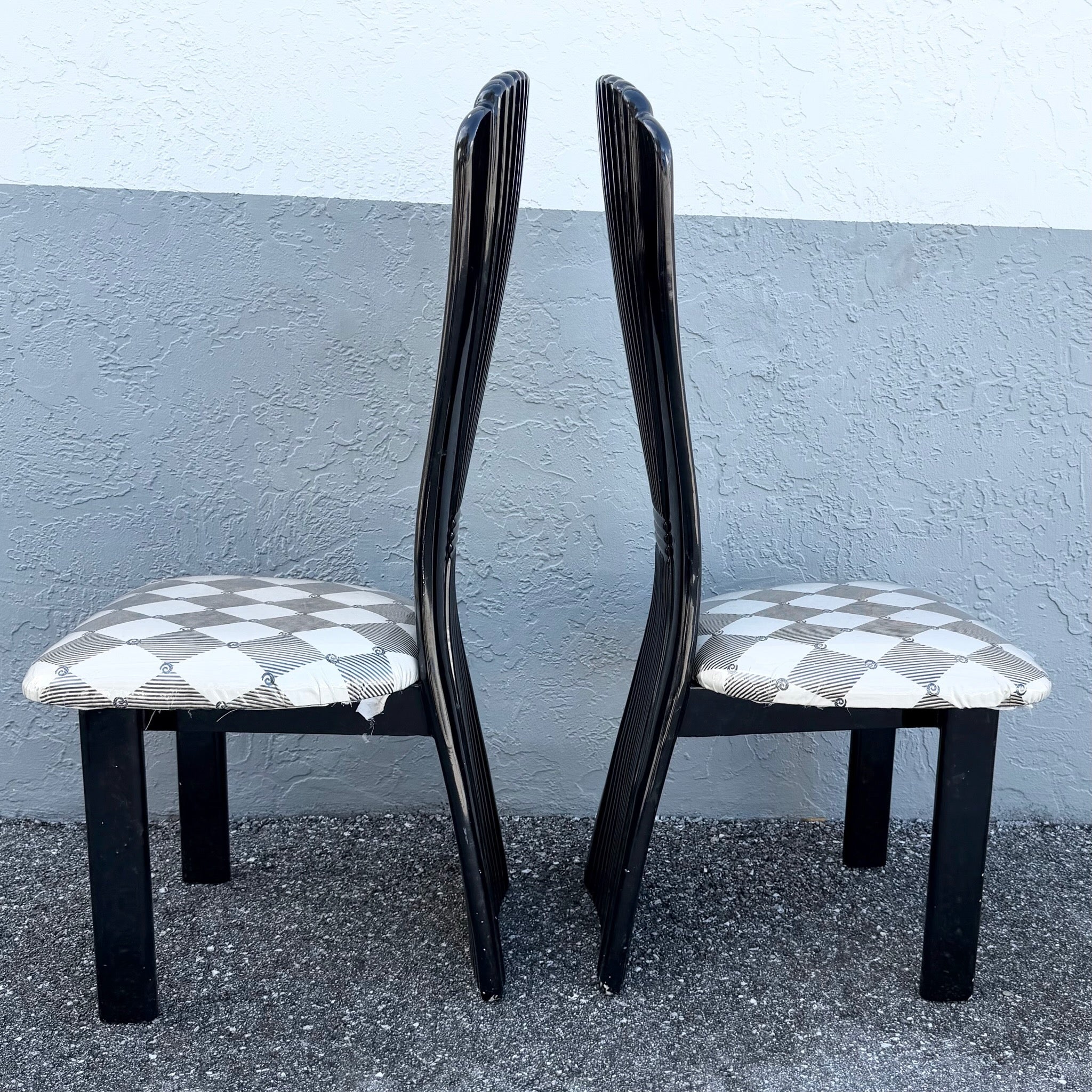 Art Deco Black Lacquered High Back Dining Chairs - Set of 5 Dolphin & Flamingo