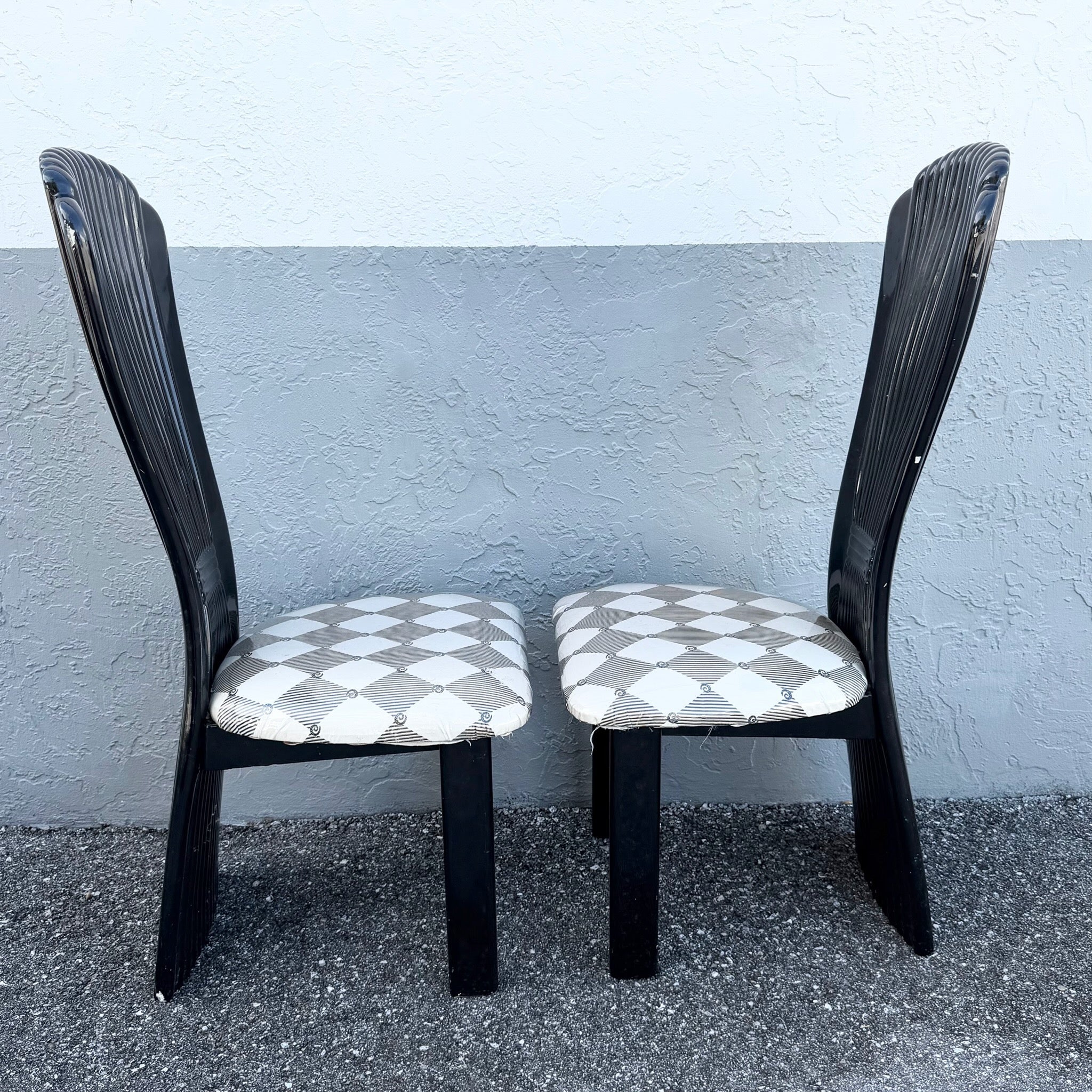 Art Deco Black Lacquered High Back Dining Chairs - Set of 5 Dolphin & Flamingo