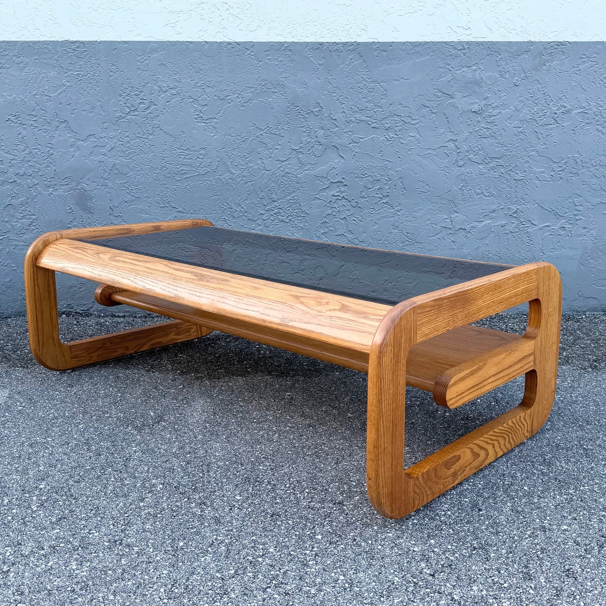 Mid Century Modern Lou Hodges Oak Smoked Glass Coffee Table Dolphin & Flamingo