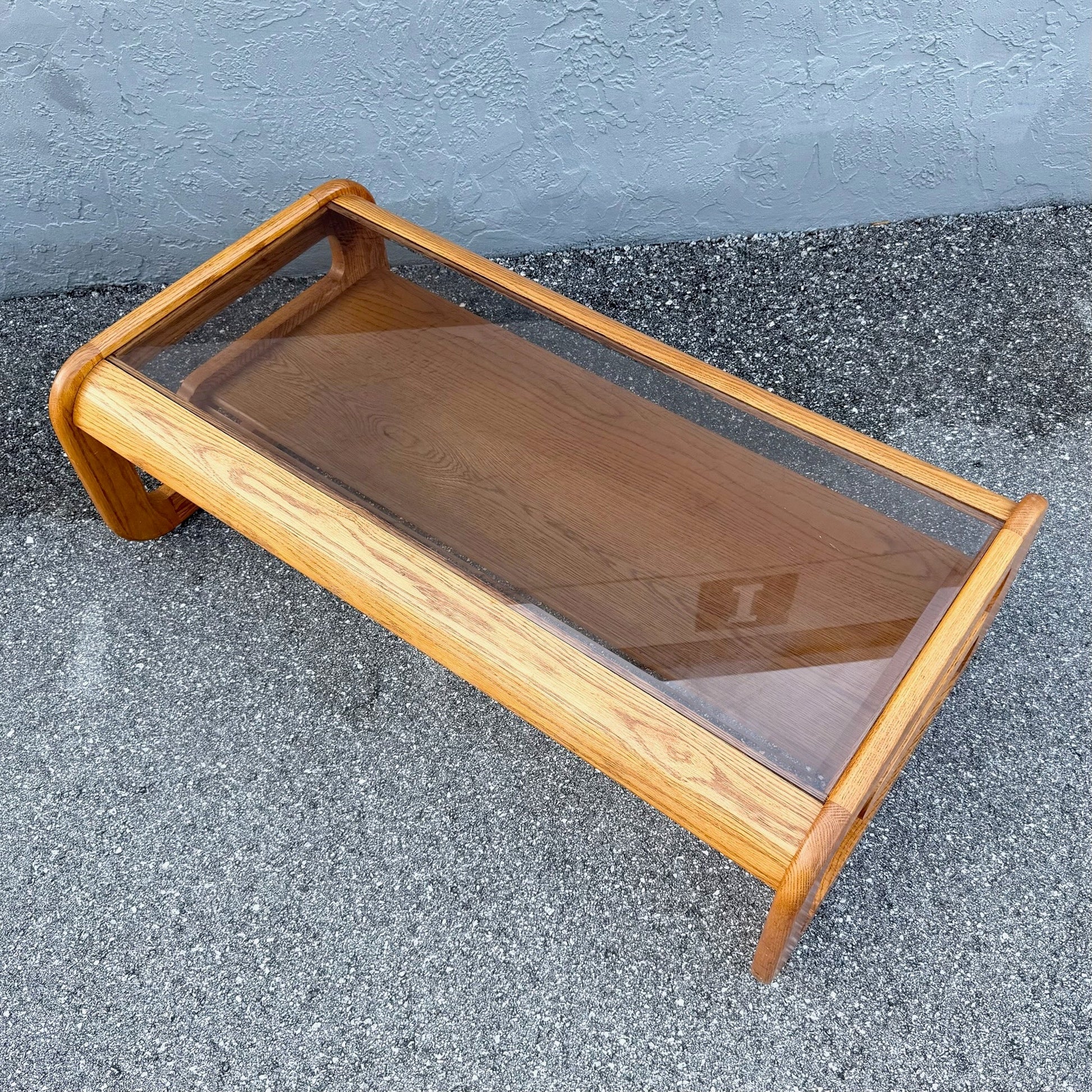 Mid Century Modern Lou Hodges Oak Smoked Glass Coffee Table Dolphin & Flamingo