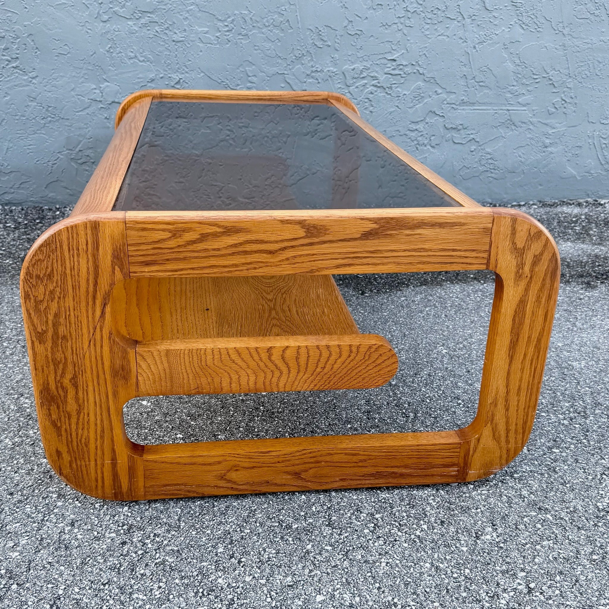 Mid Century Modern Lou Hodges Oak Smoked Glass Coffee Table Dolphin & Flamingo