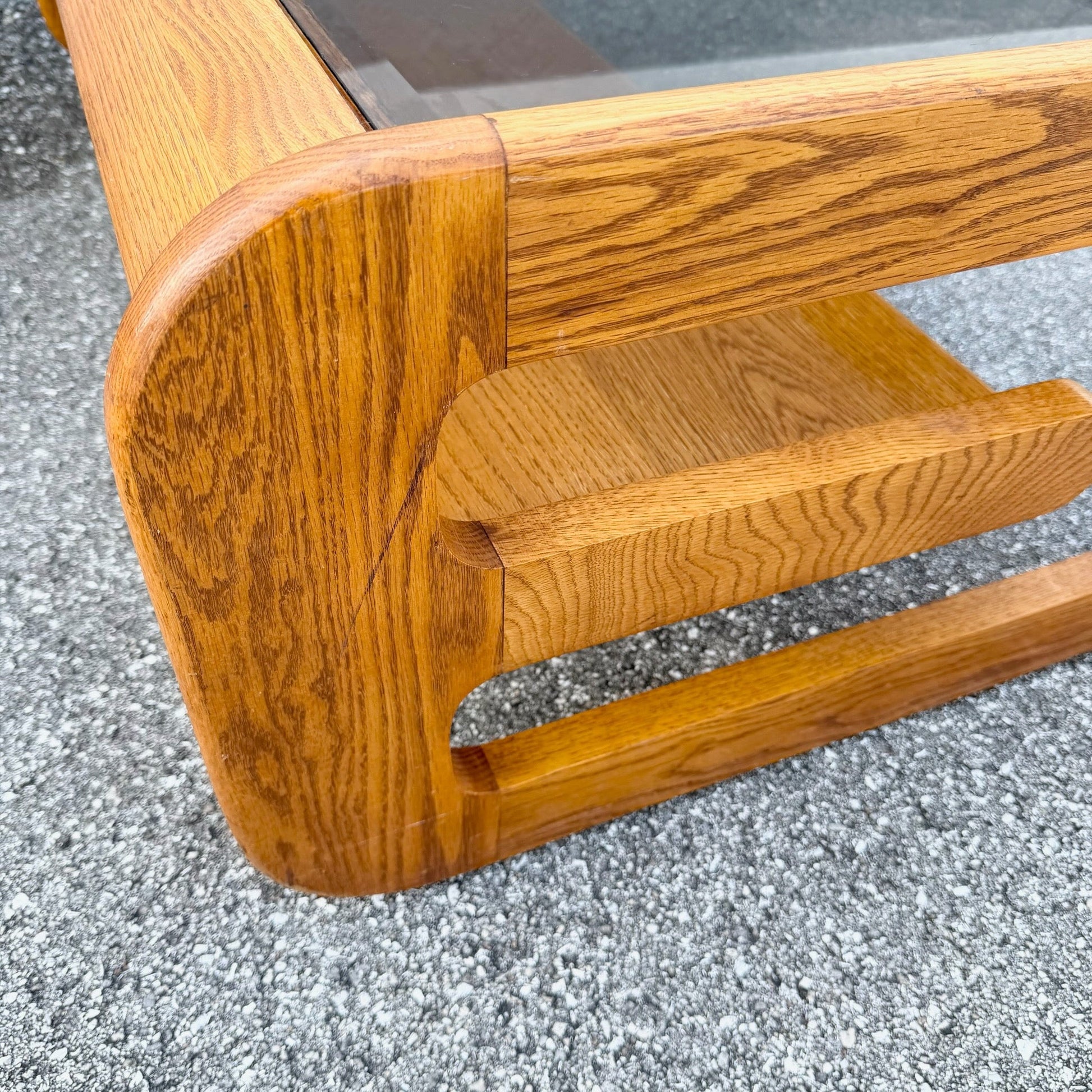 Mid Century Modern Lou Hodges Oak Smoked Glass Coffee Table Dolphin & Flamingo
