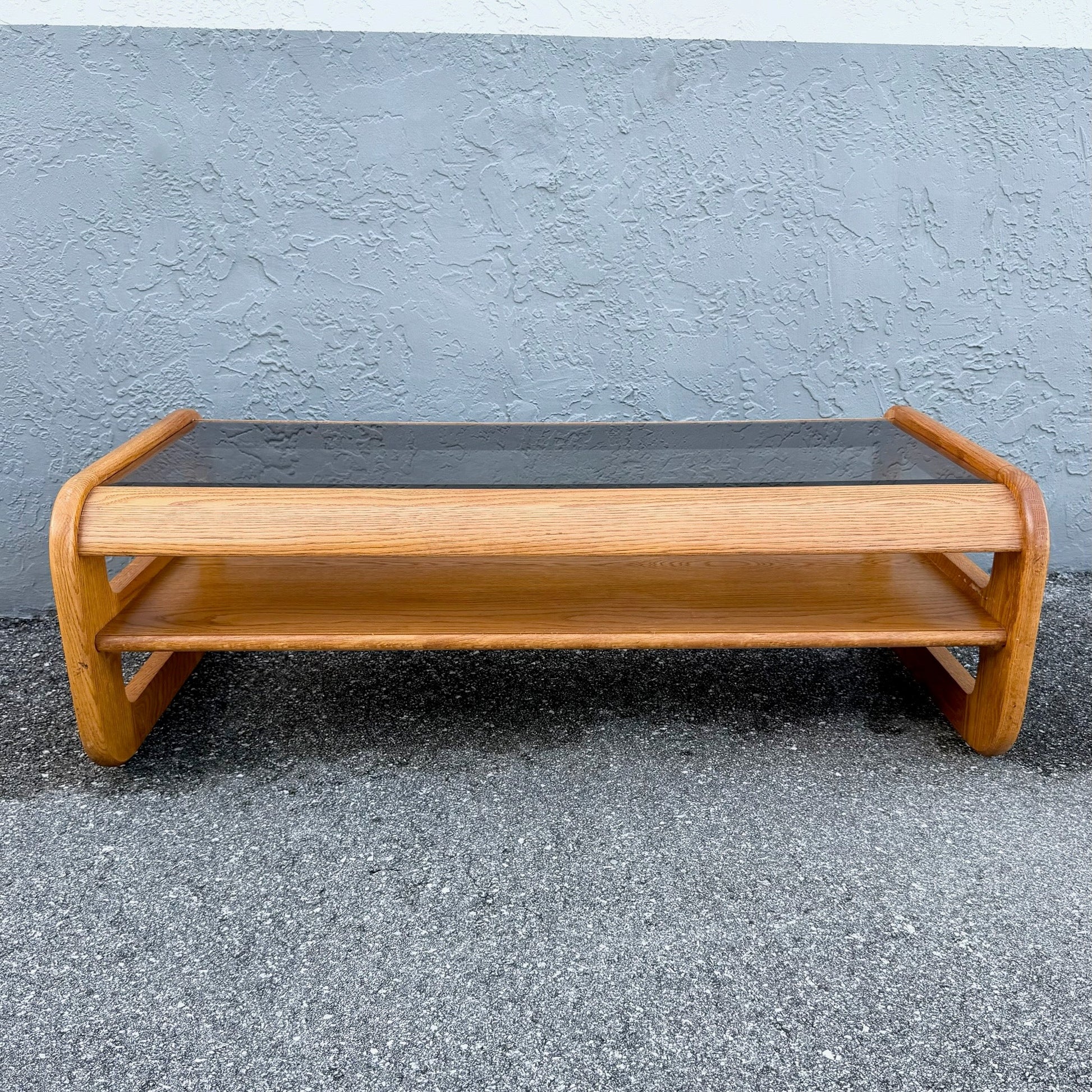 Mid Century Modern Lou Hodges Oak Smoked Glass Coffee Table Dolphin & Flamingo