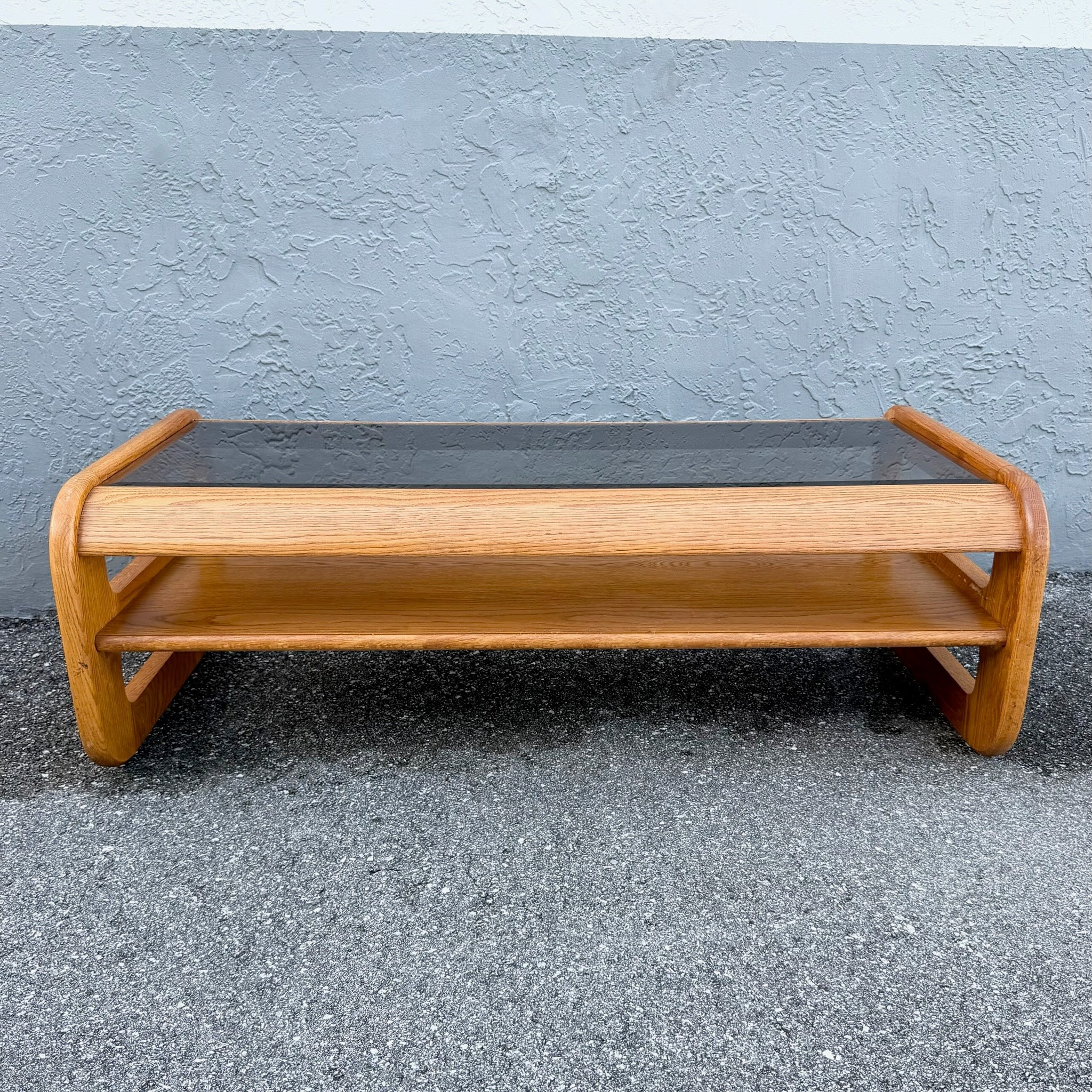 Mid Century Modern Lou Hodges Oak Smoked Glass Coffee Table Dolphin & Flamingo