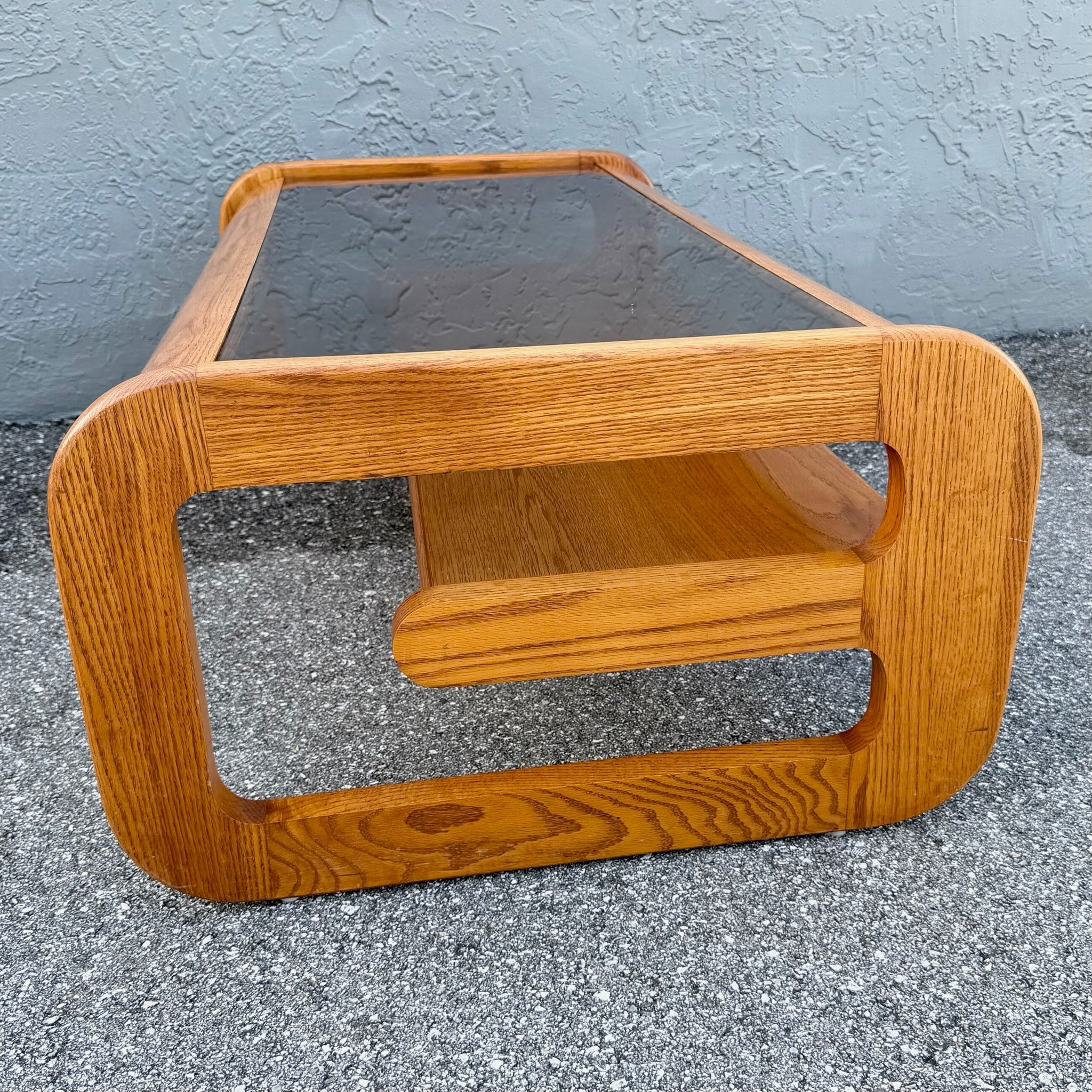 Mid Century Modern Lou Hodges Oak Smoked Glass Coffee Table Dolphin & Flamingo