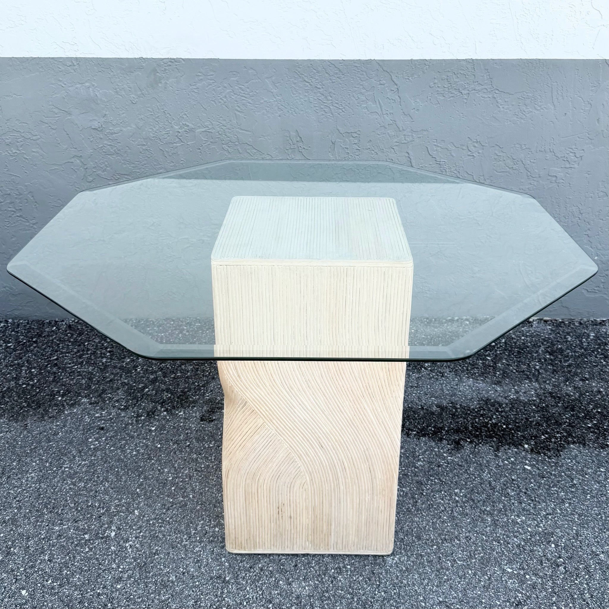 Vintage Boho Chic Sculpted Pencil Reed Octagonal Glass Top Dining Table Dolphin & Flamingo