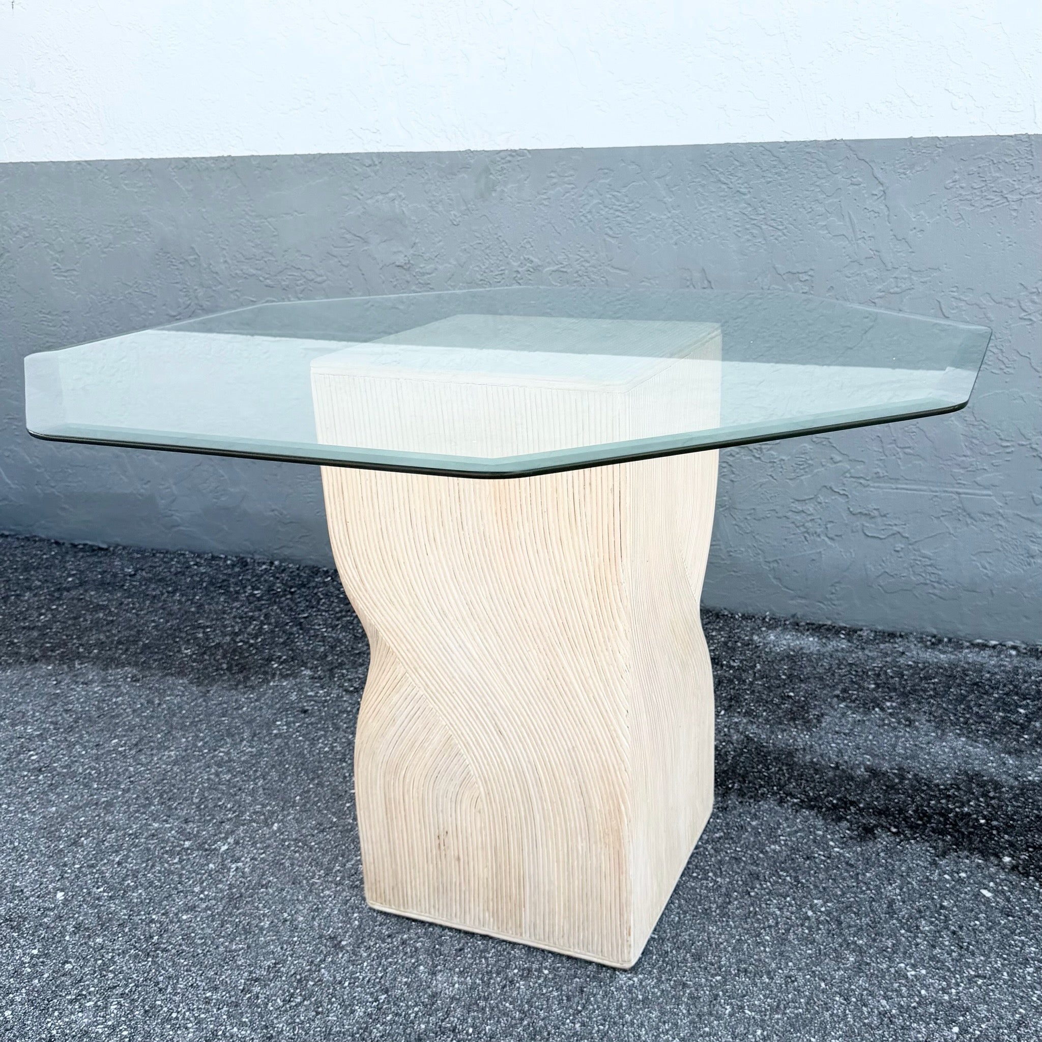 Vintage Boho Chic Sculpted Pencil Reed Octagonal Glass Top Dining Table Dolphin & Flamingo