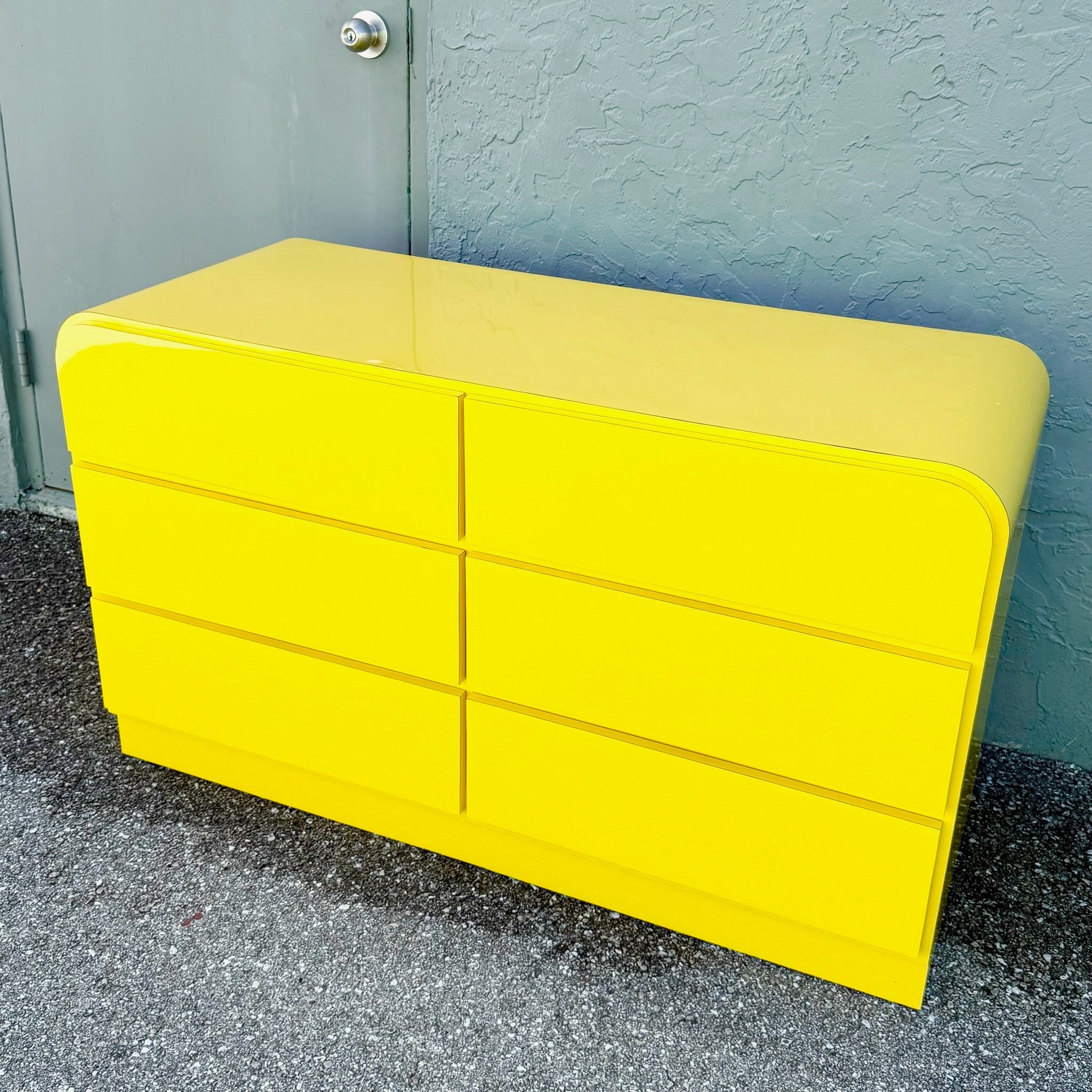 Postmodern Yellow Gloss Laminate Waterfall Dresser Dolphin & Flamingo