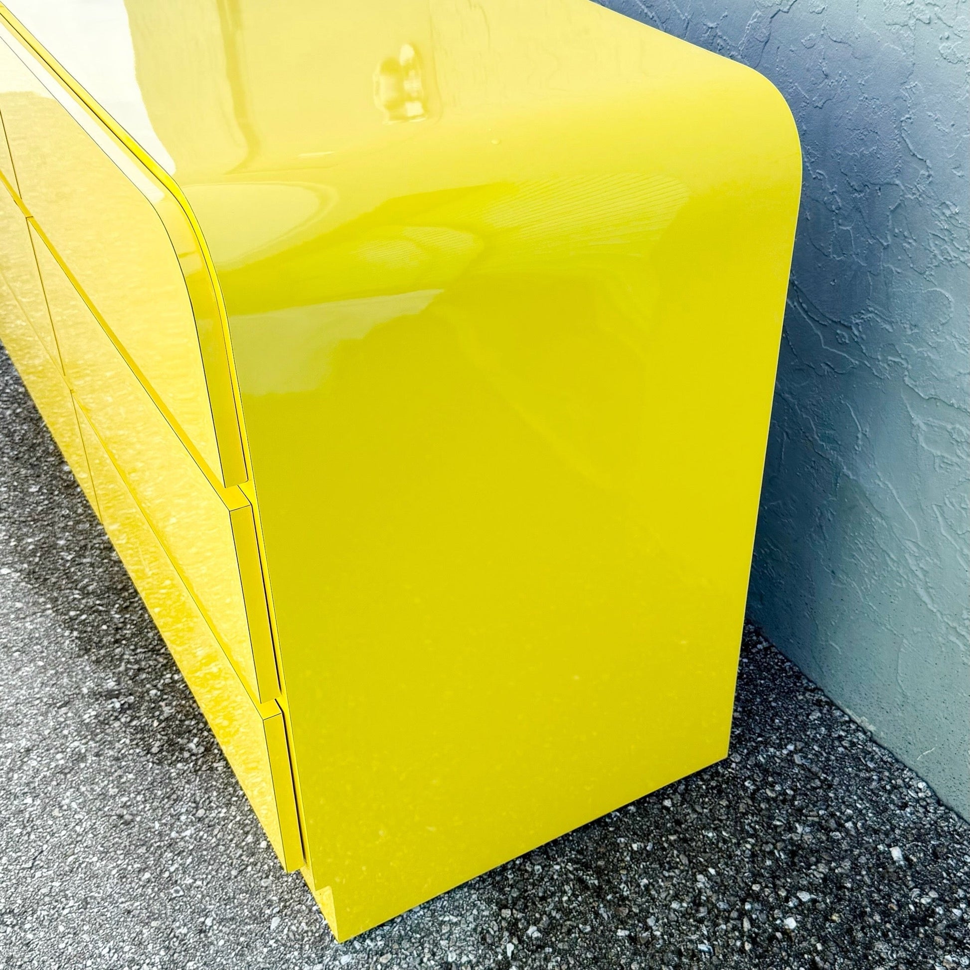Postmodern Yellow Gloss Laminate Waterfall Dresser Dolphin & Flamingo