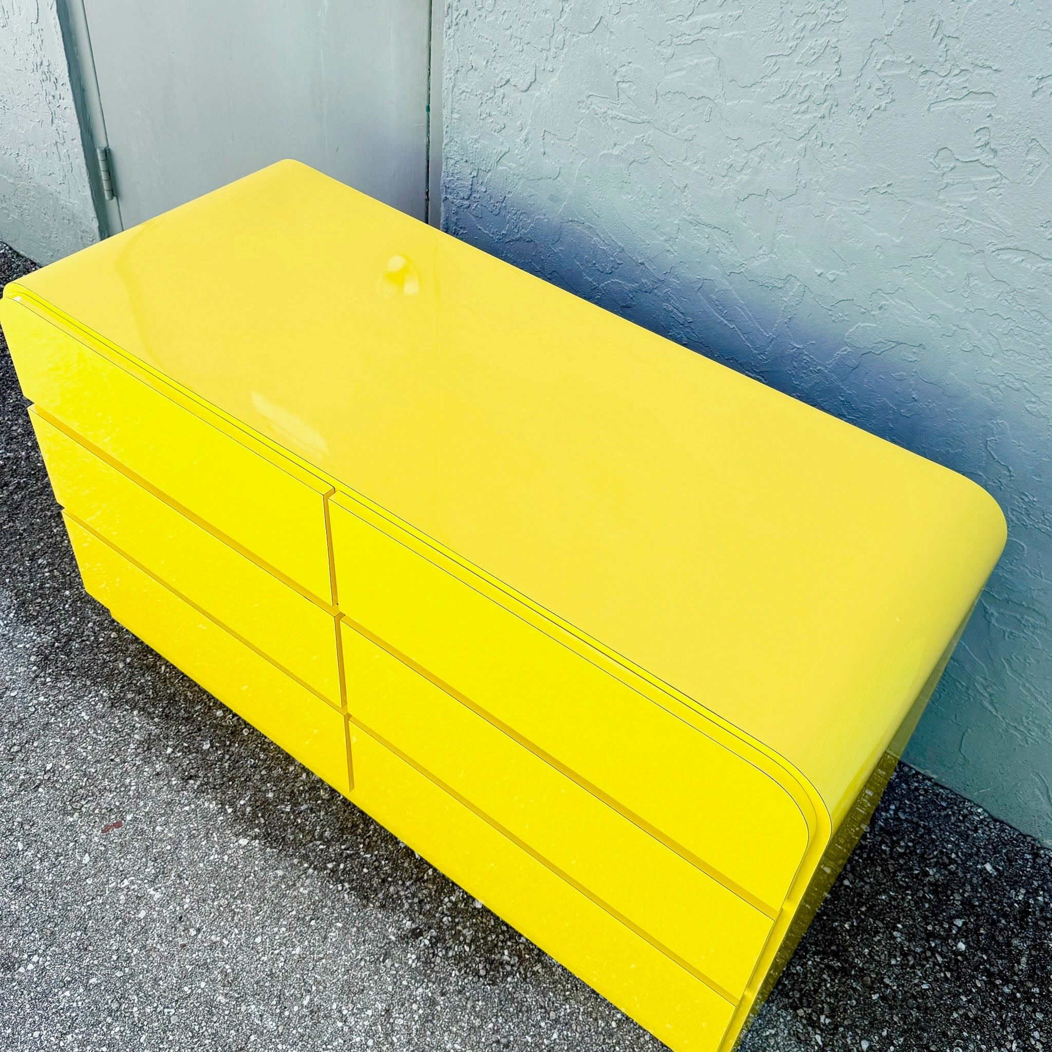 Postmodern Yellow Gloss Laminate Waterfall Dresser Dolphin & Flamingo