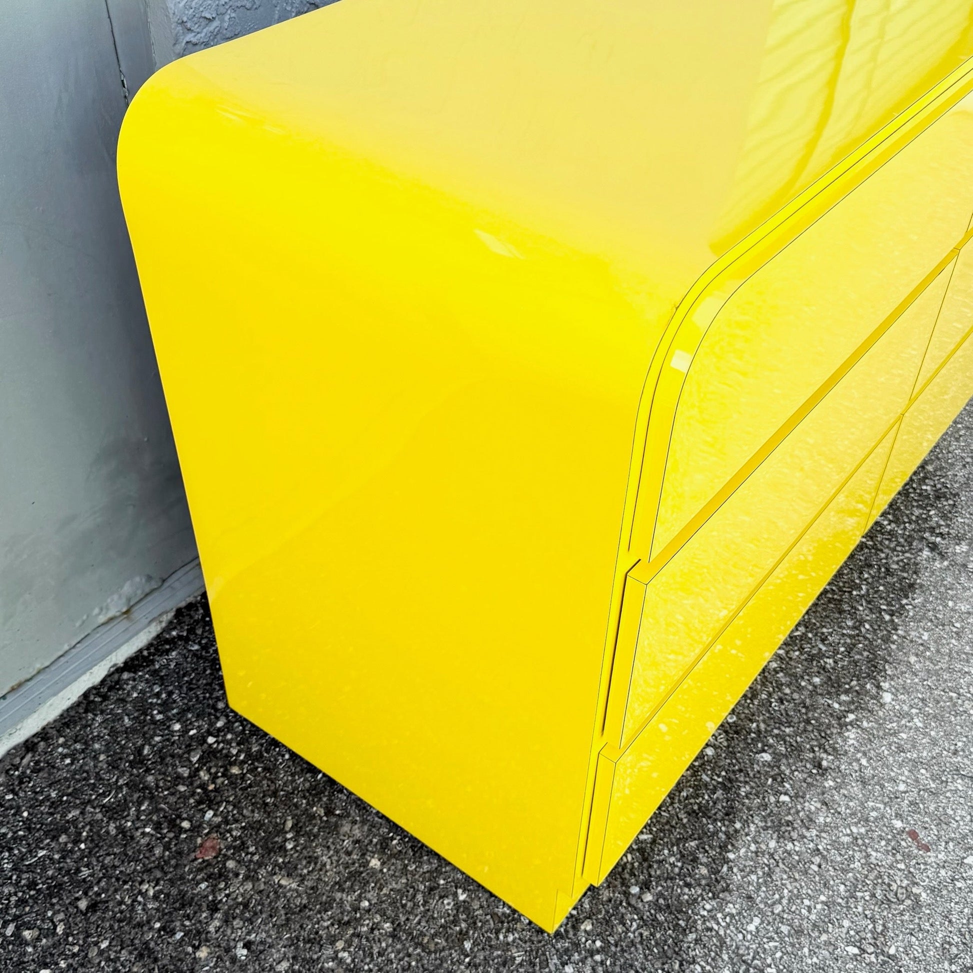 Postmodern Yellow Gloss Laminate Waterfall Dresser Dolphin & Flamingo
