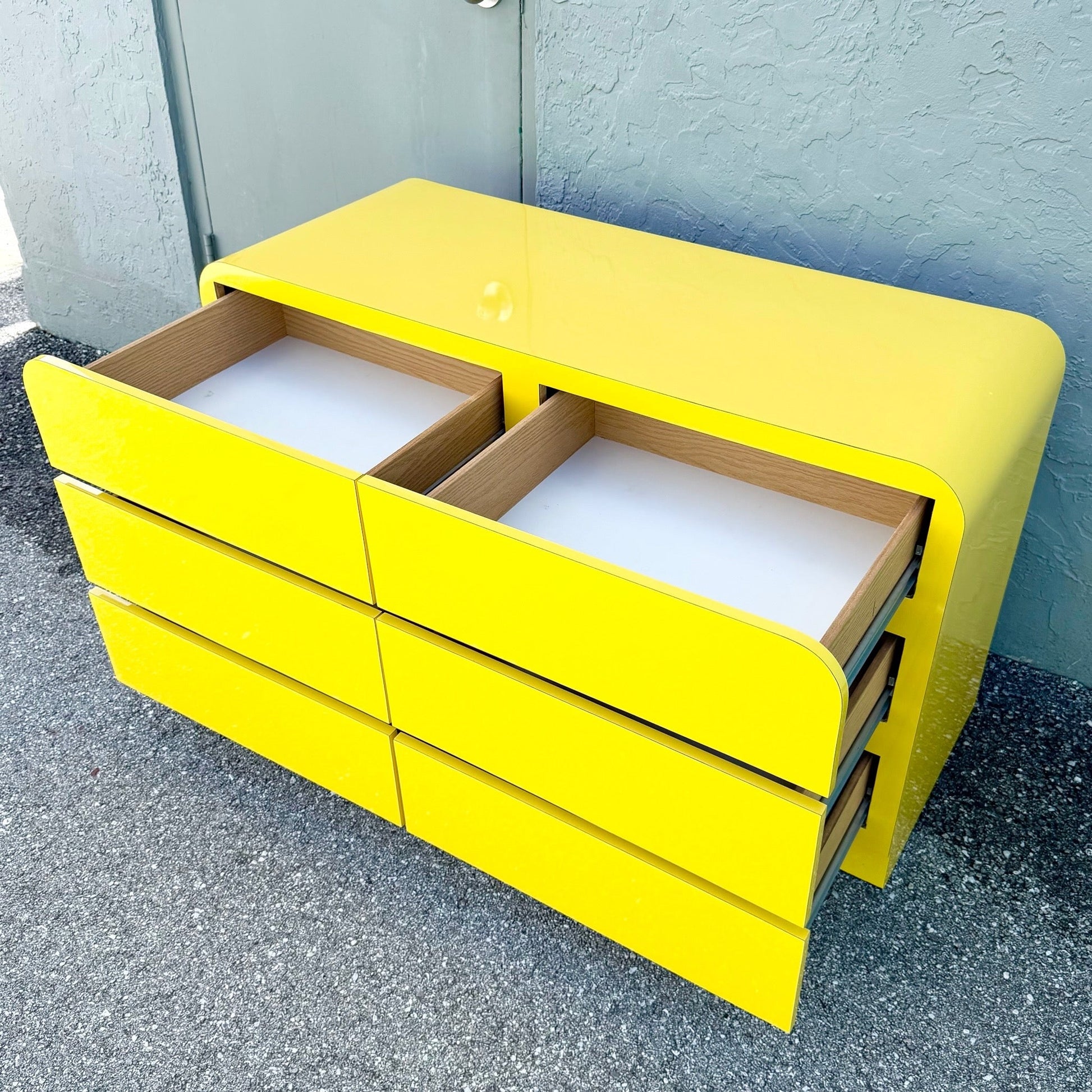 Postmodern Yellow Gloss Laminate Waterfall Dresser Dolphin & Flamingo