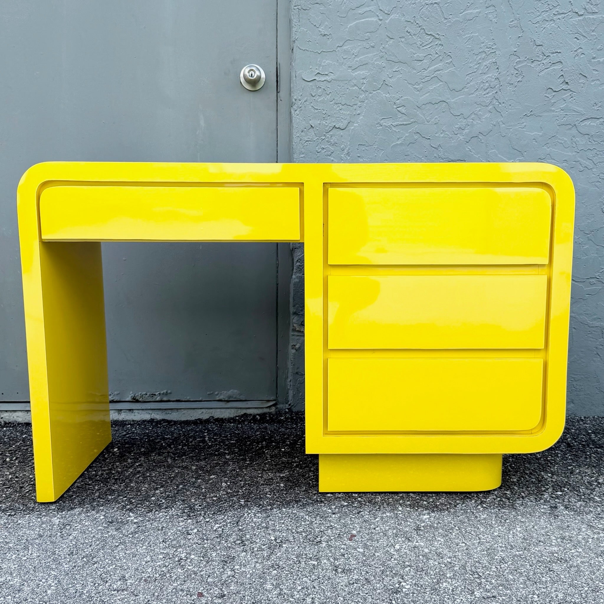 Postmodern Yellow Gloss Laminate Waterfall Desk Dolphin & Flamingo