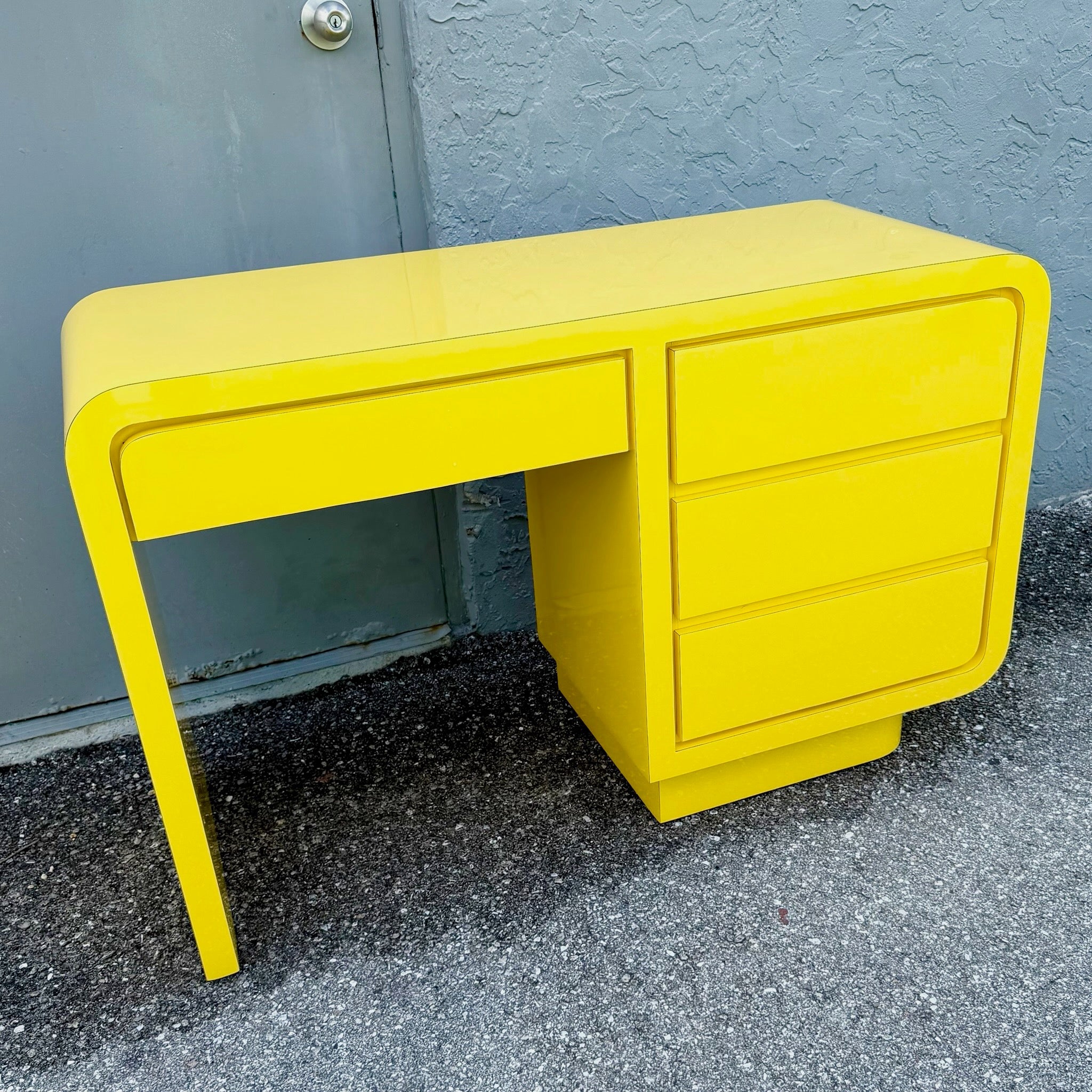 Postmodern Yellow Gloss Laminate Waterfall Desk Dolphin & Flamingo