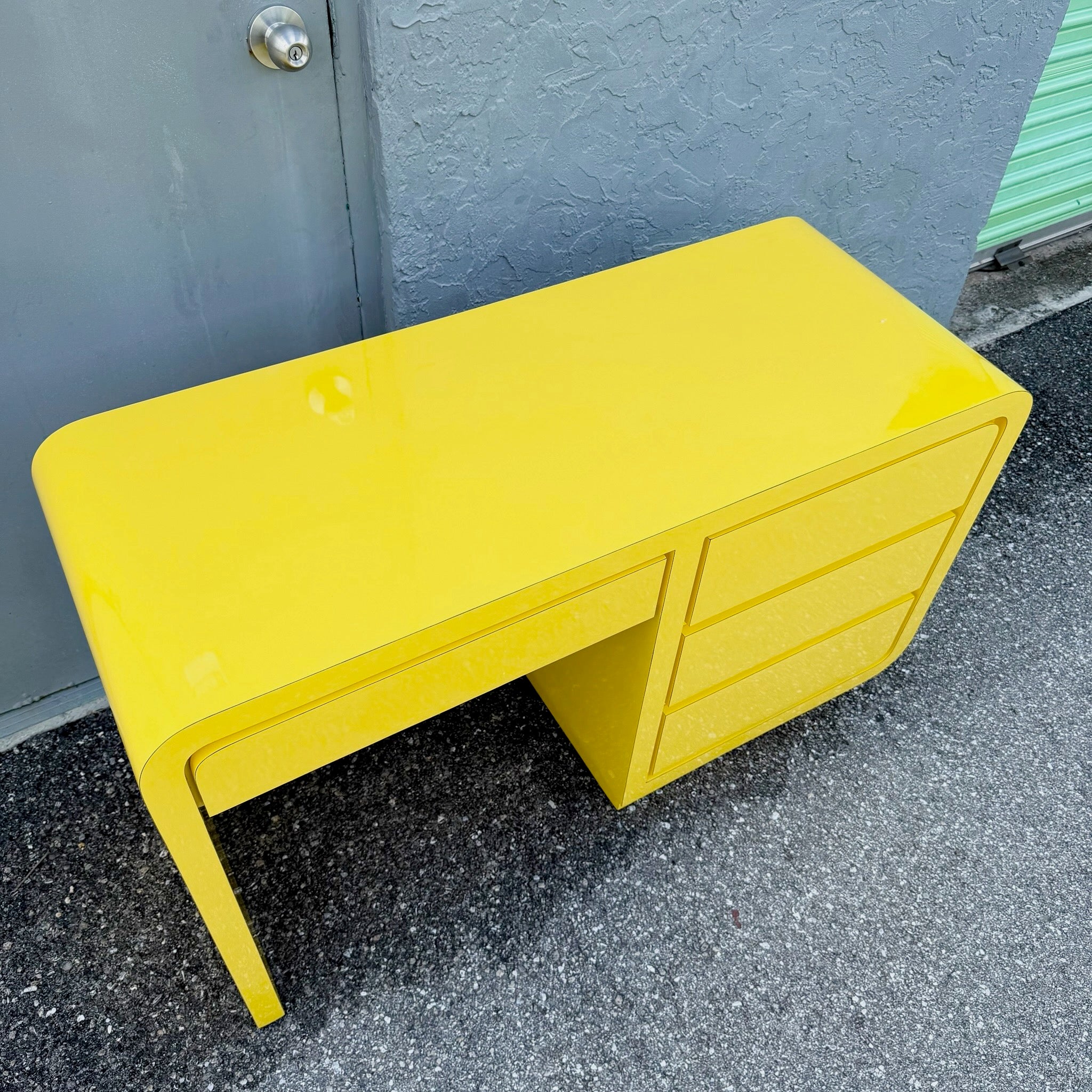 Postmodern Yellow Gloss Laminate Waterfall Desk Dolphin & Flamingo