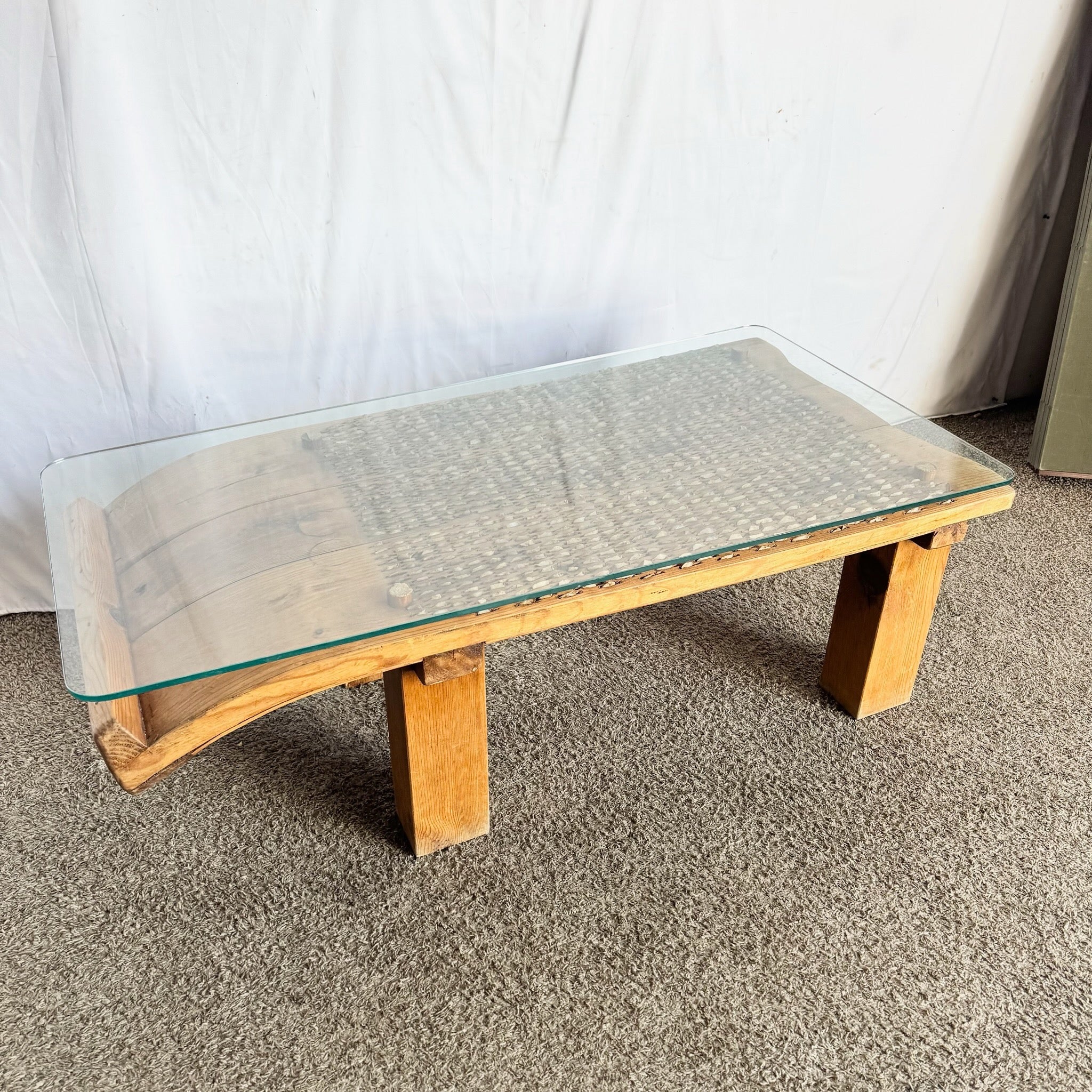 Antique Mediterranean Threshing Table/Coffee Table With Glass Top