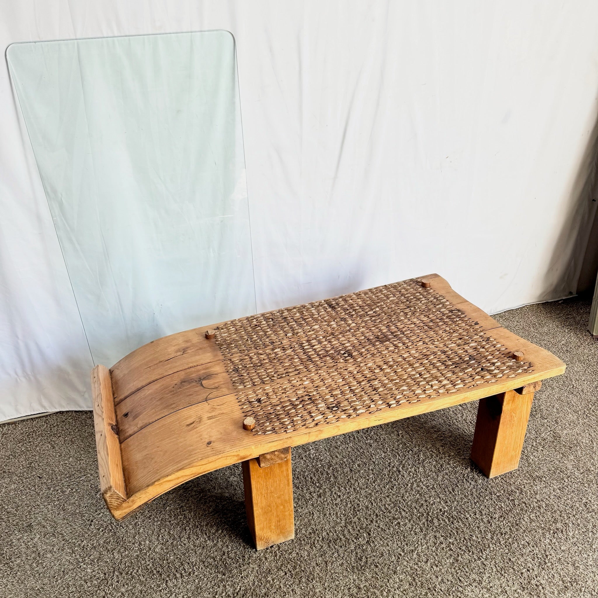 Antique Mediterranean Threshing Table/Coffee Table With Glass Top