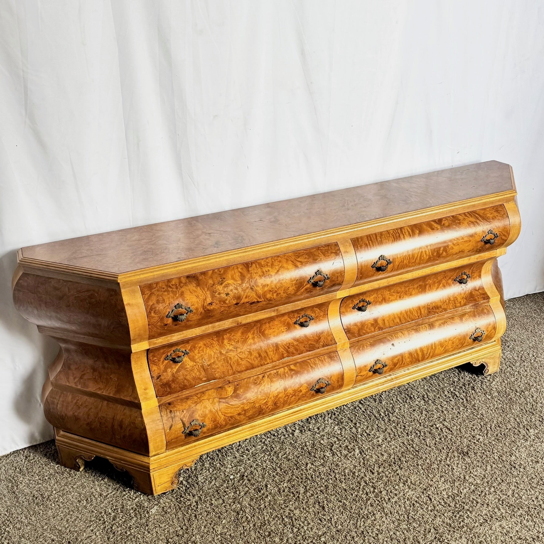 Vintage Venetian Bombe Burlwood Dresser
