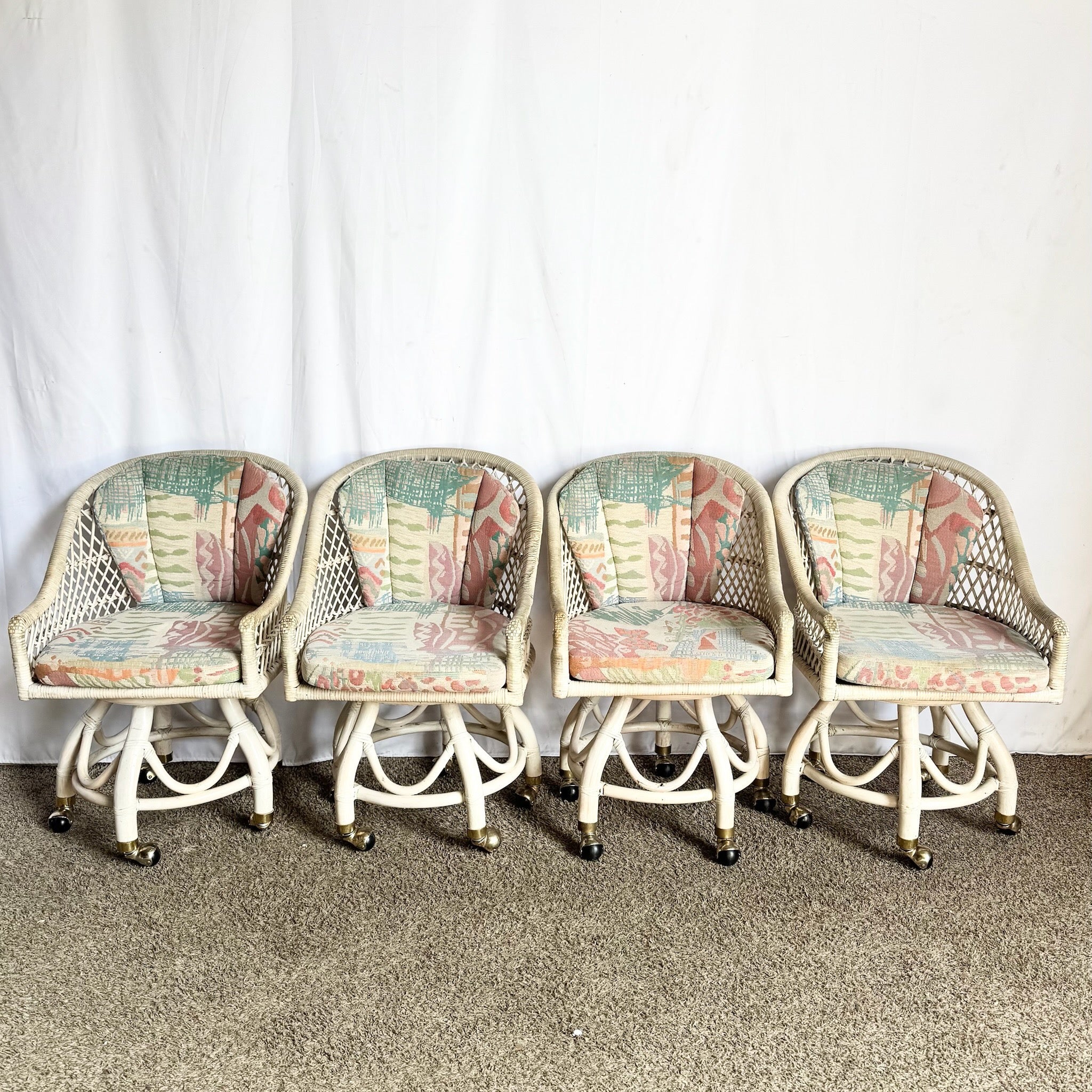 Boho Chic Beige Buri Rattan Swivel Dining Chairs - Set of 4