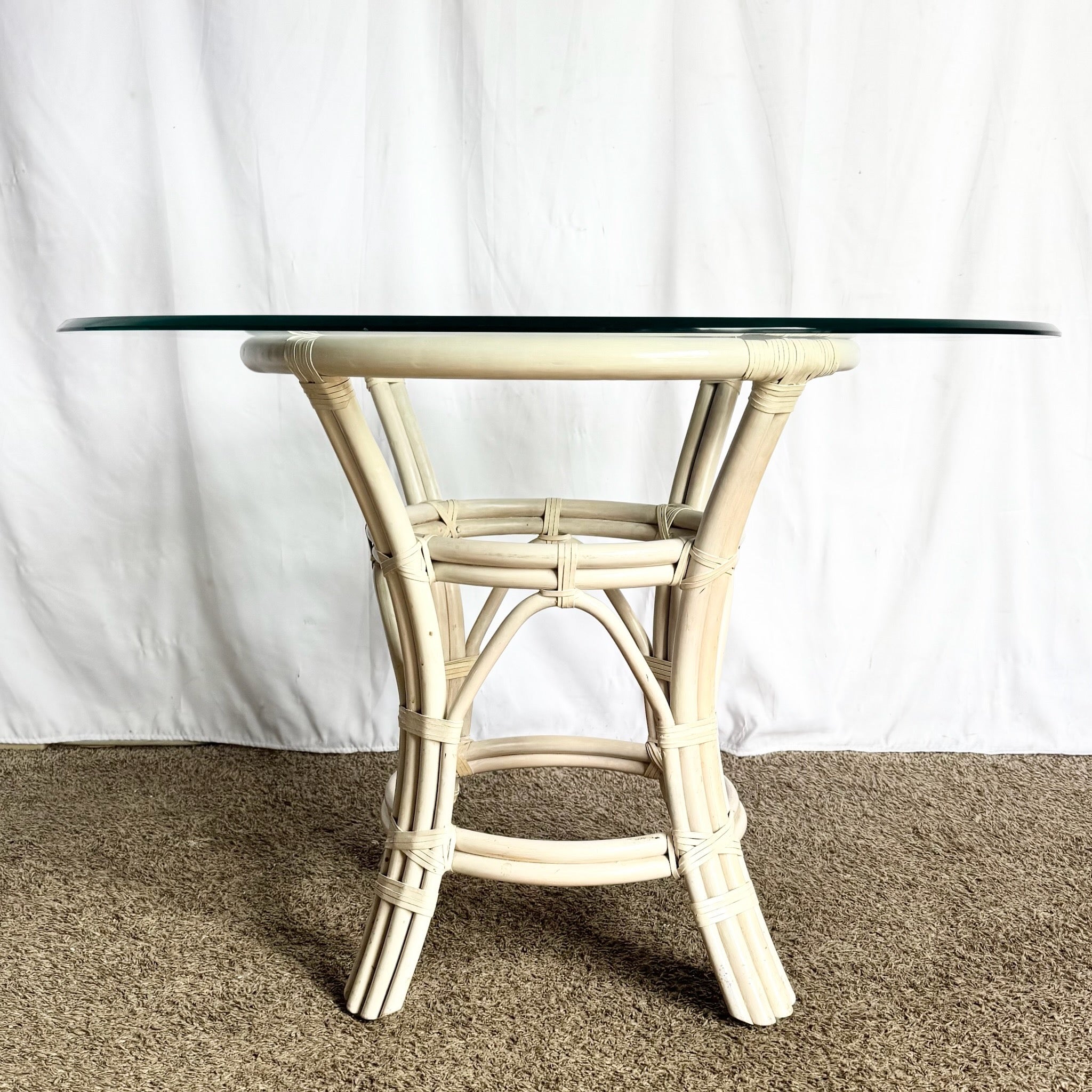 Boho Chic Beige Rattan Circular Glass Top Dining Table