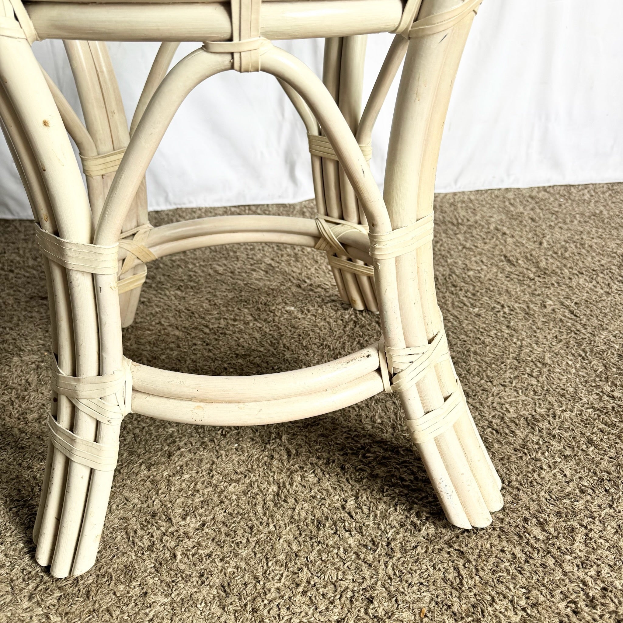 Boho Chic Beige Rattan Circular Glass Top Dining Table