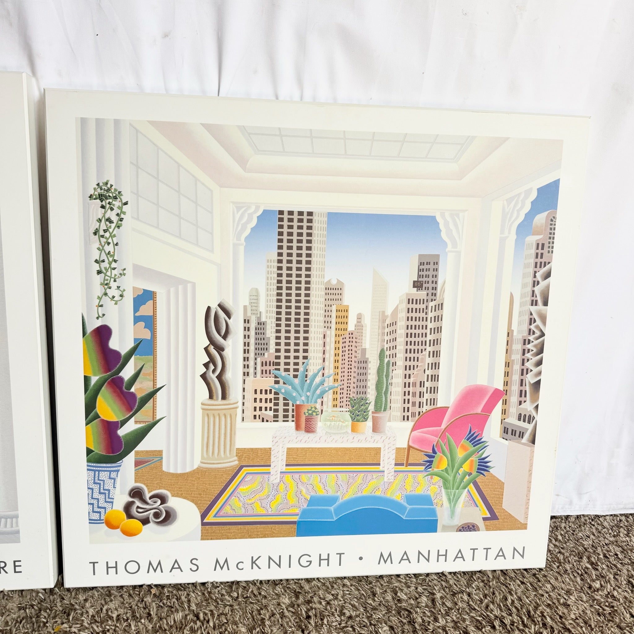 Vintage Thomas McKnight Madison Square and Manhattan Prints on Wood Bard Frame - Two Pieces