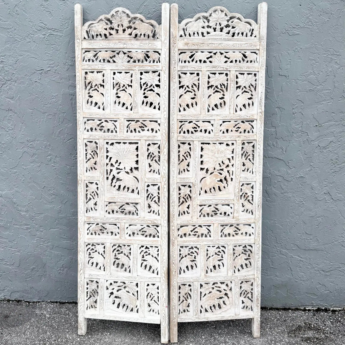 Angle Indian Hand Carved White Room Divider/Screen - 4 Panels