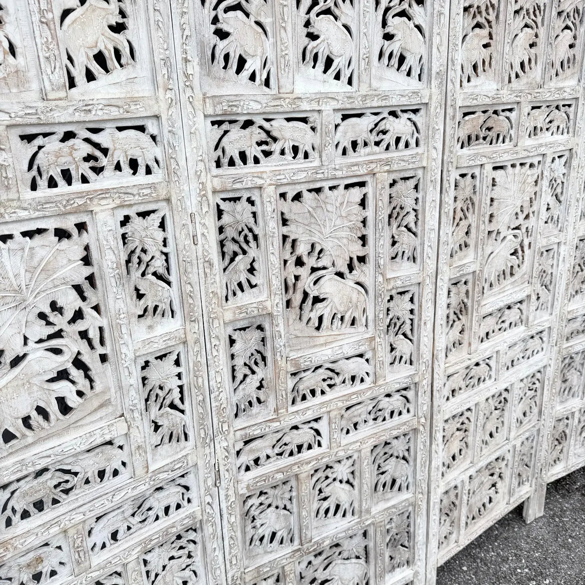 Angle Indian Hand Carved White Room Divider/Screen - 4 Panels