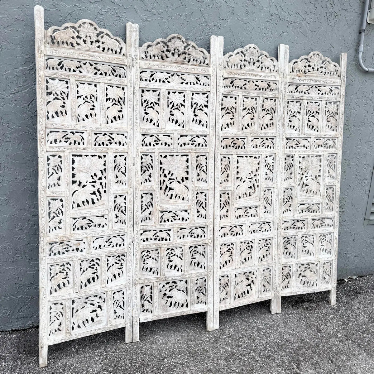 Angle Indian Hand Carved White Room Divider/Screen - 4 Panels
