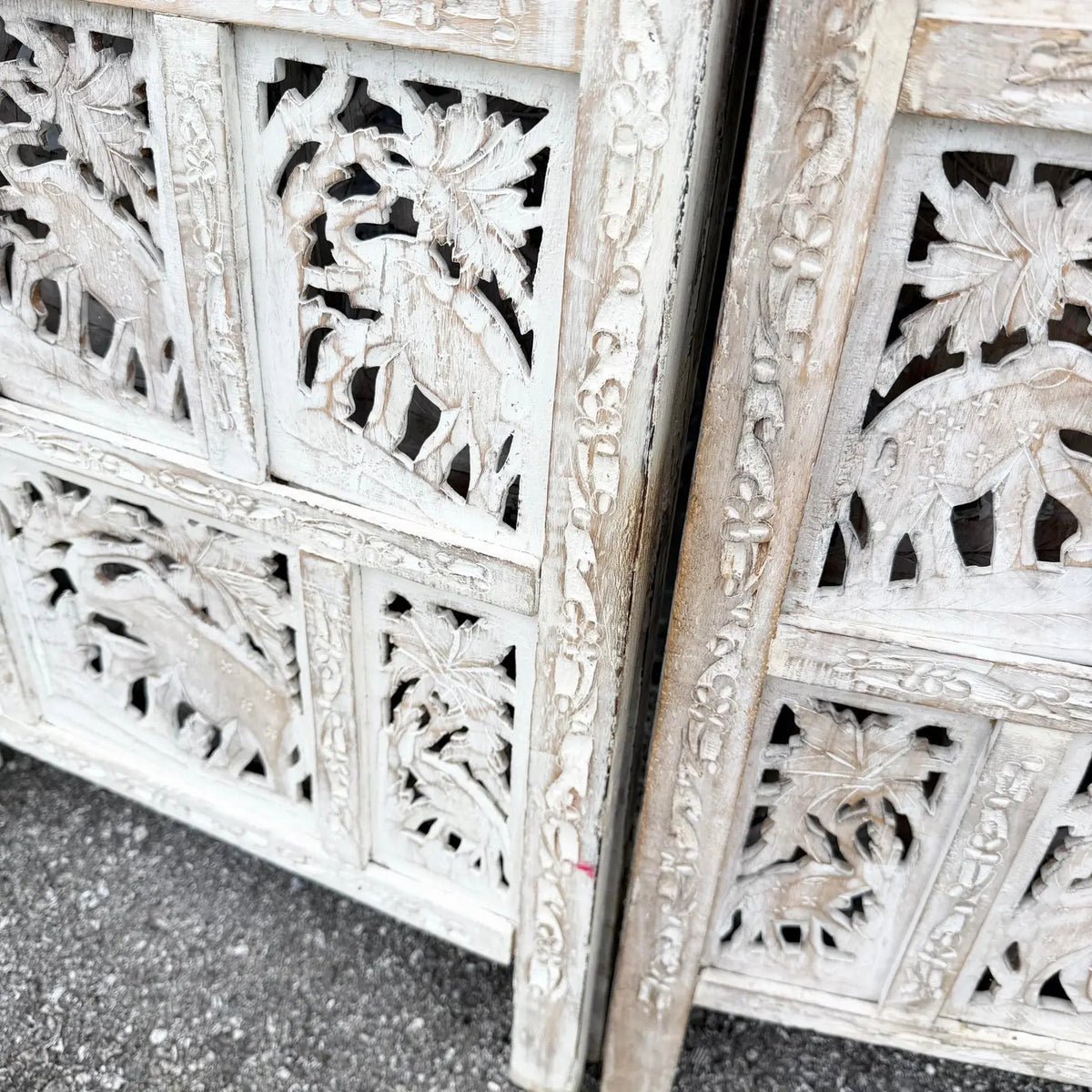 Angle Indian Hand Carved White Room Divider/Screen - 4 Panels