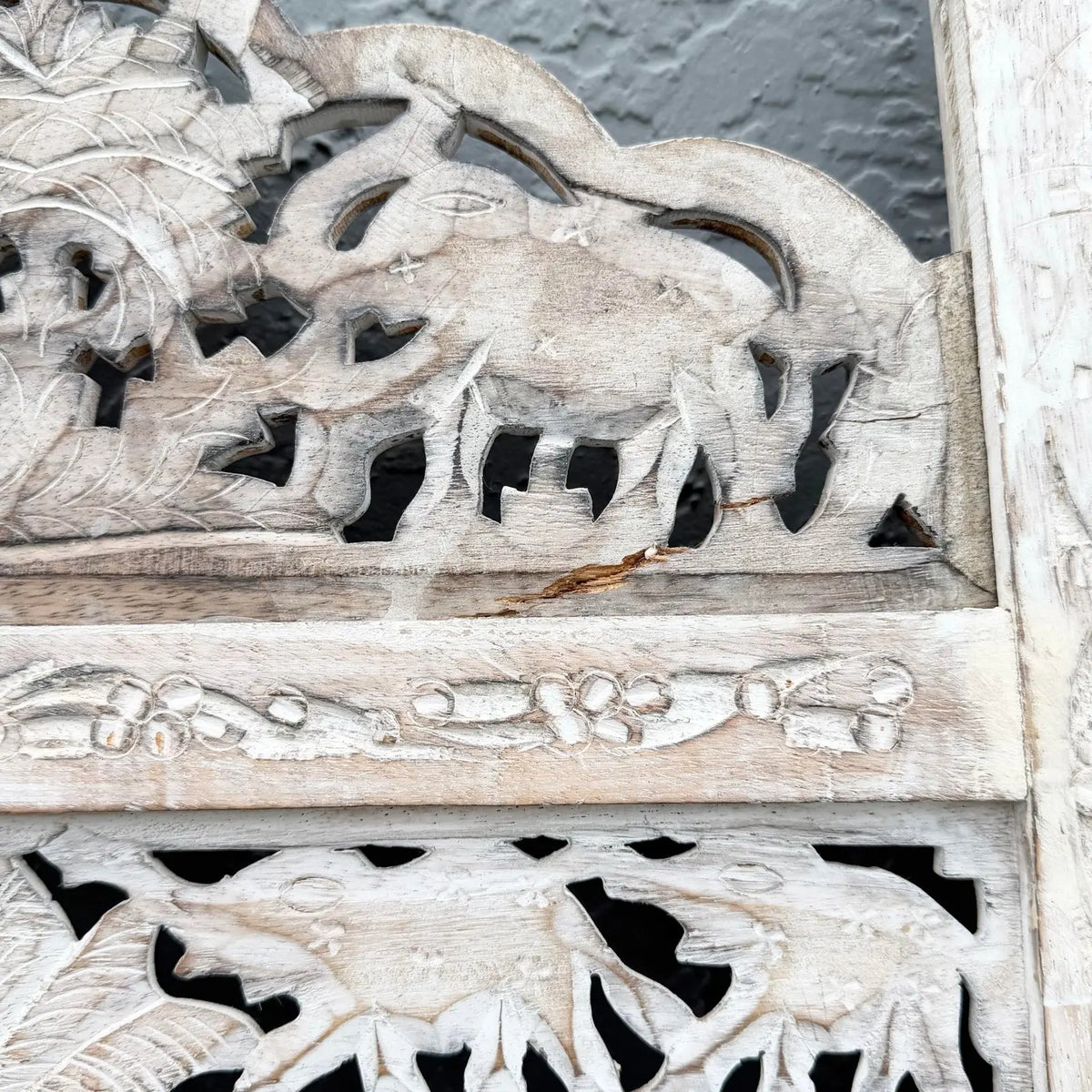 Angle Indian Hand Carved White Room Divider/Screen - 4 Panels