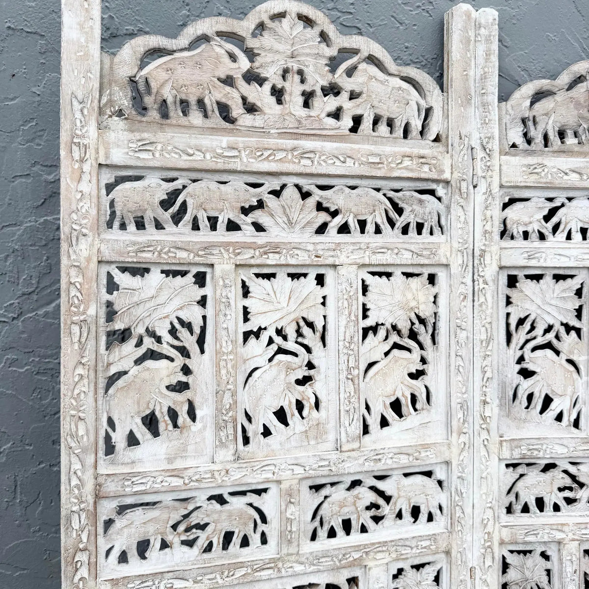 Angle Indian Hand Carved White Room Divider/Screen - 4 Panels
