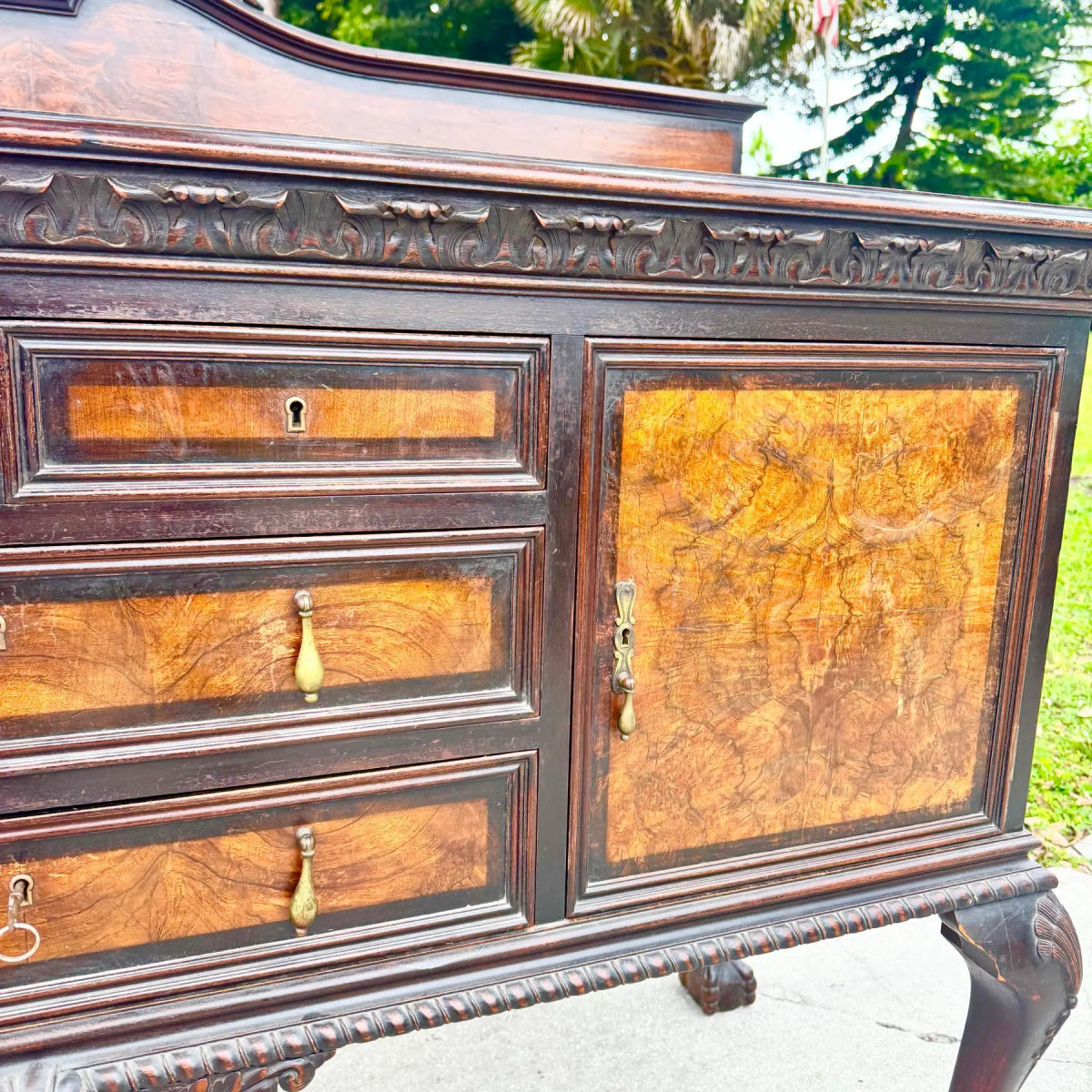 Antique 19th Century Burlwood Ball in Claw Foot Sideboard/Buffet - Dolphin & Flamingo