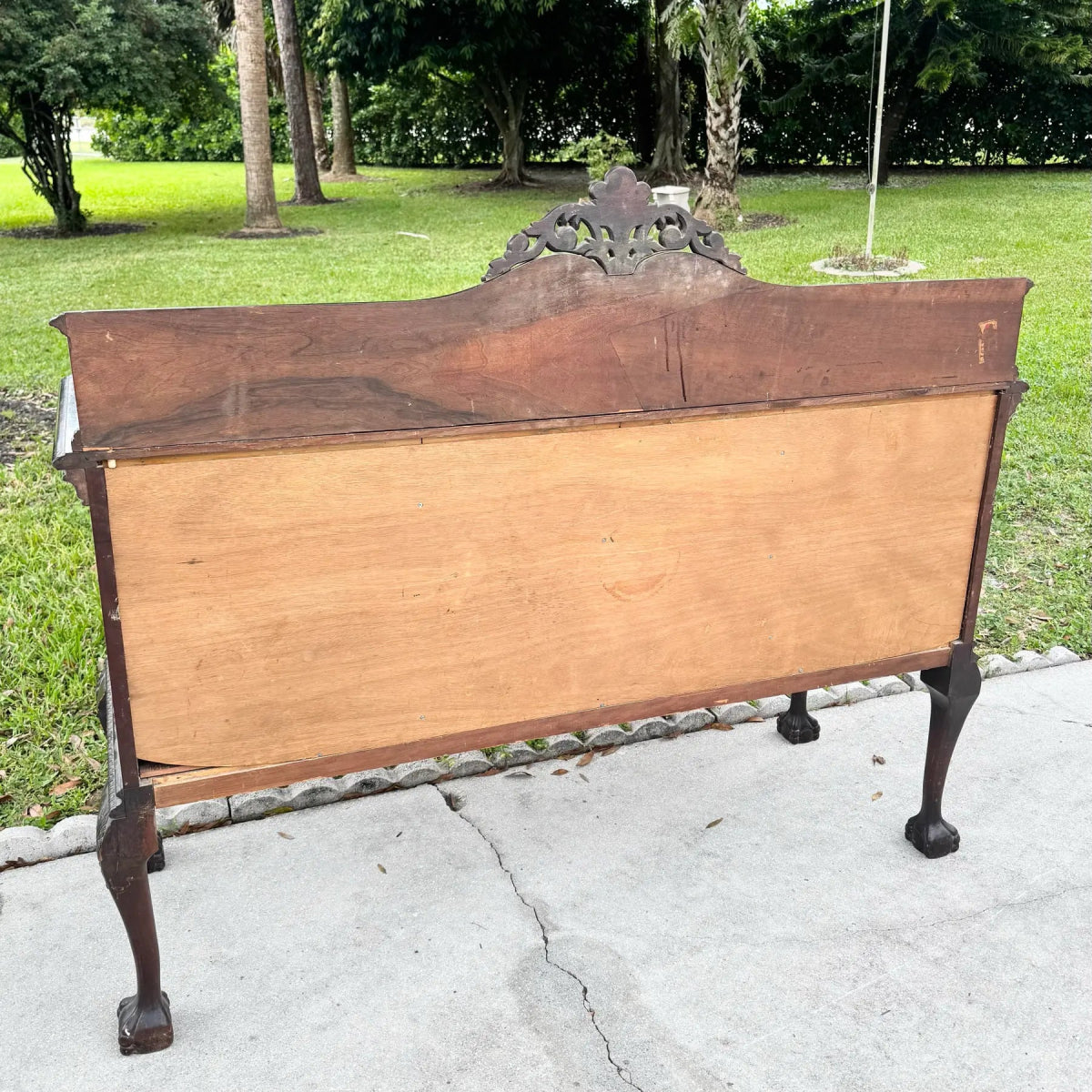 Antique 19th Century Burlwood Ball in Claw Foot Sideboard/Buffet - Dolphin & Flamingo