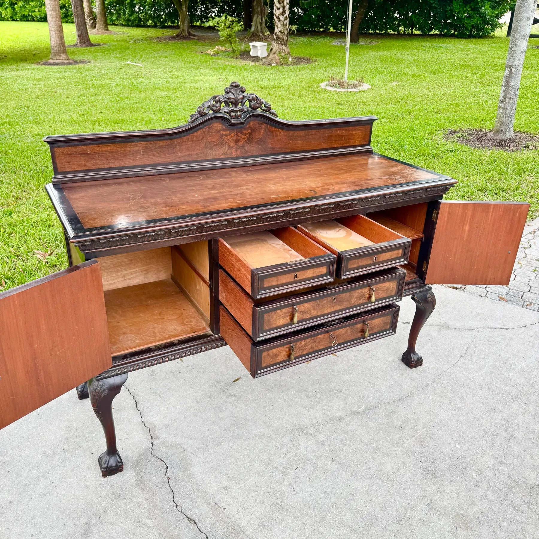 Antique 19th Century Burlwood Ball in Claw Foot Sideboard/Buffet