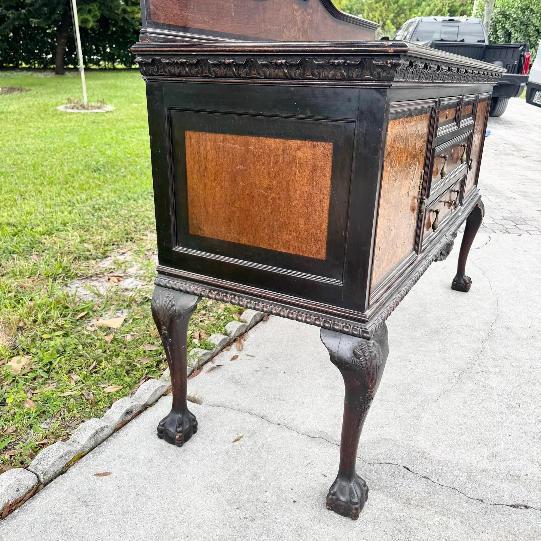 Antique 19th Century Burlwood Ball in Claw Foot Sideboard/Buffet