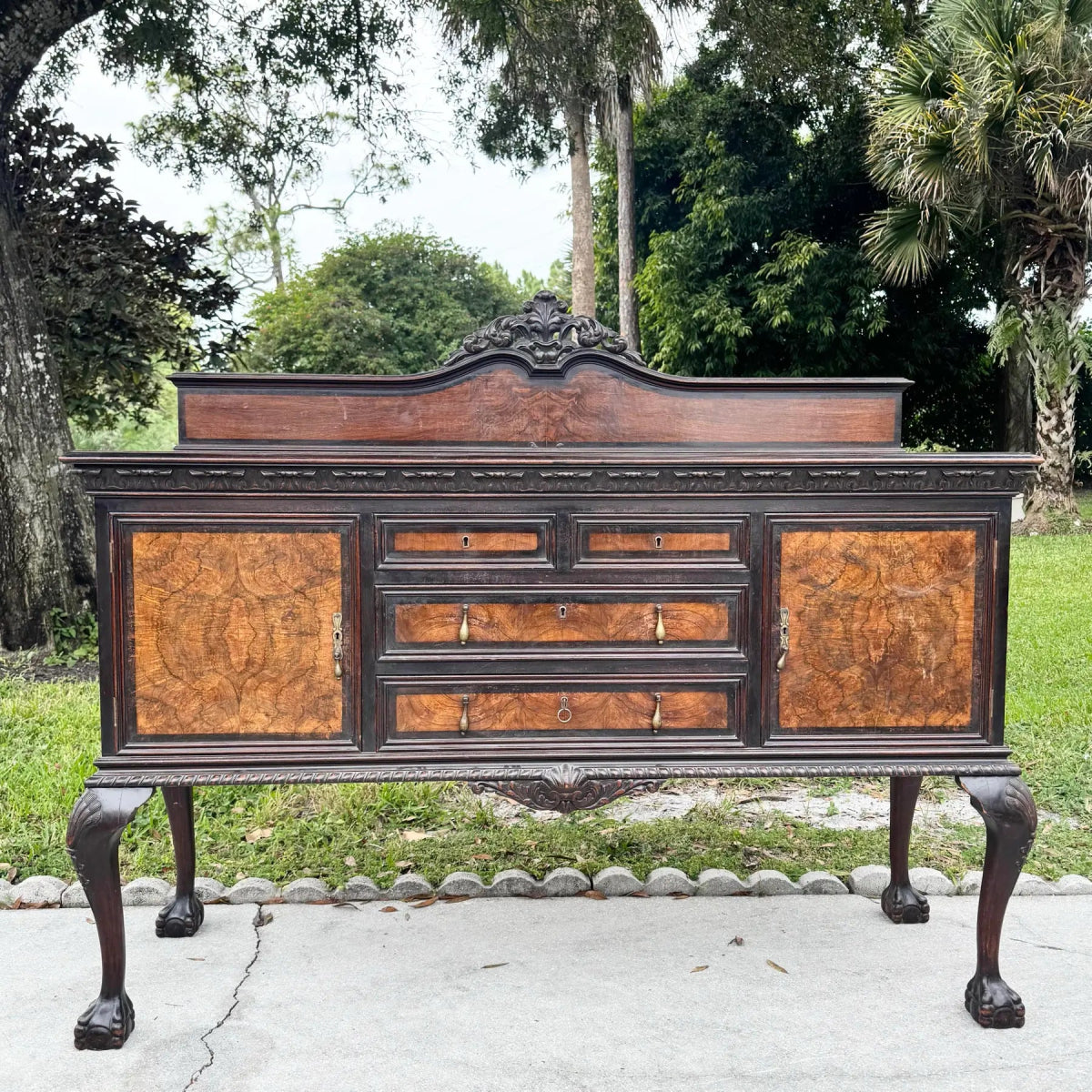 Antique 19th Century Burlwood Ball in Claw Foot Sideboard/Buffet - Dolphin & Flamingo