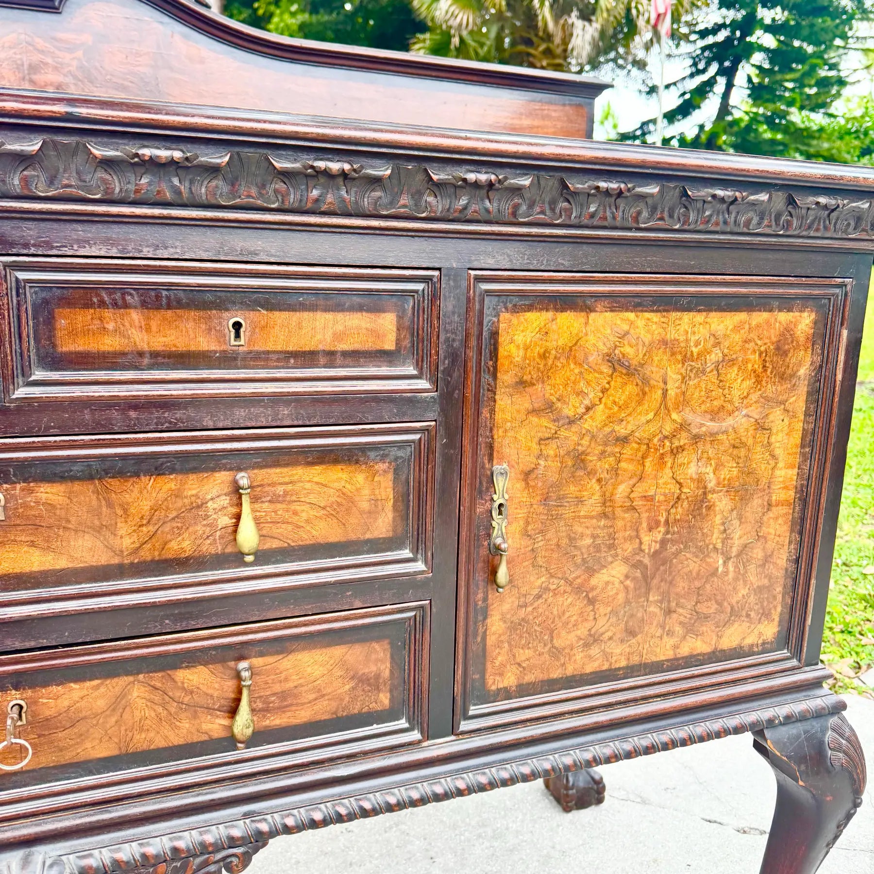 Antique 19th Century Burlwood Ball in Claw Foot Sideboard/Buffet