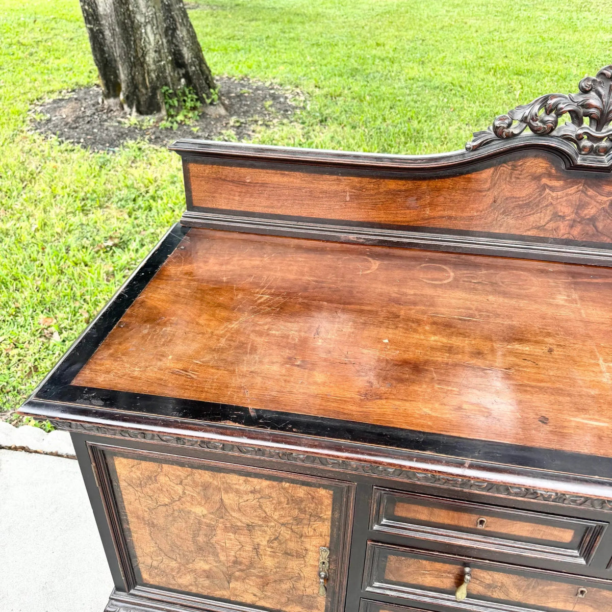 Antique 19th Century Burlwood Ball in Claw Foot Sideboard/Buffet - Dolphin & Flamingo