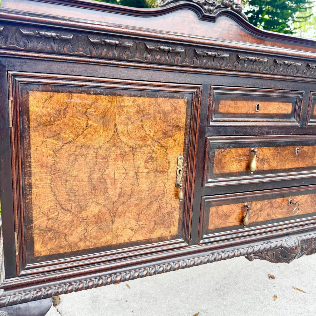 Antique 19th Century Burlwood Ball in Claw Foot Sideboard/Buffet - Dolphin & Flamingo