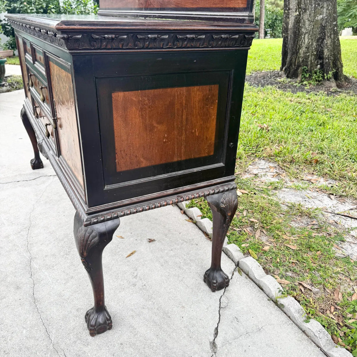 Antique 19th Century Burlwood Ball in Claw Foot Sideboard/Buffet - Dolphin & Flamingo