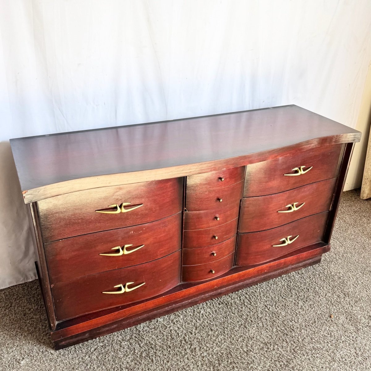 Antique Art Deco Wooden Dresser - 9 Drawers - Dolphin & Flamingo