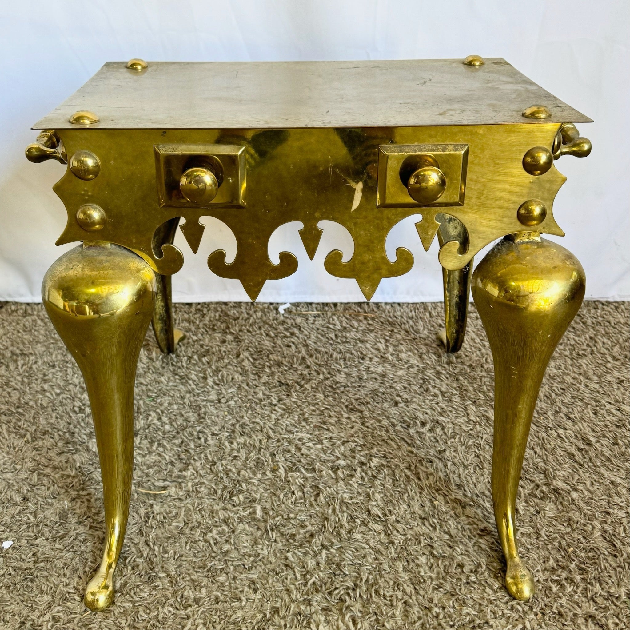 Antique Brass Fire Place Kettle Trivet/Side Table - Dolphin & Flamingo