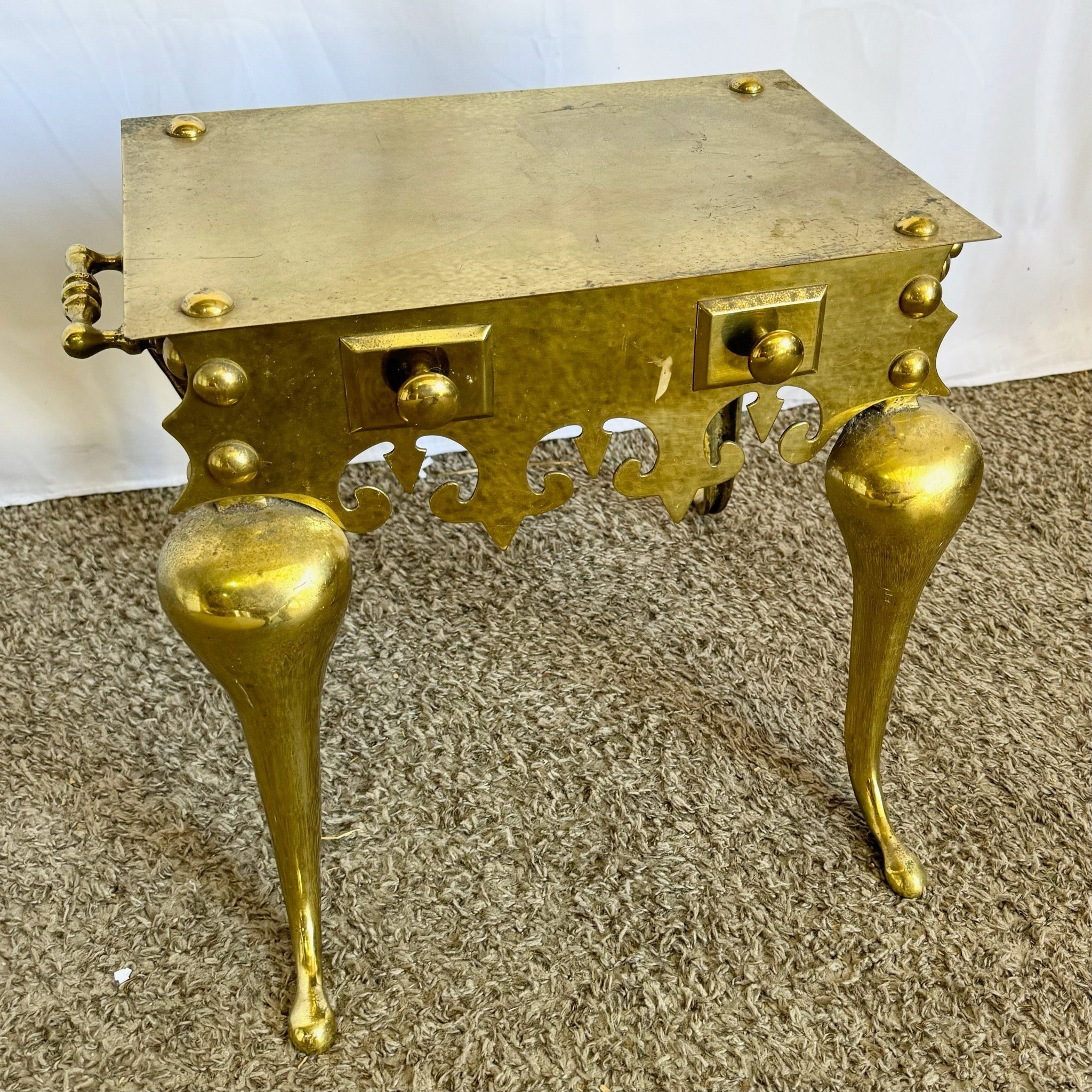 Antique Brass Fire Place Kettle Trivet/Side Table - Dolphin & Flamingo