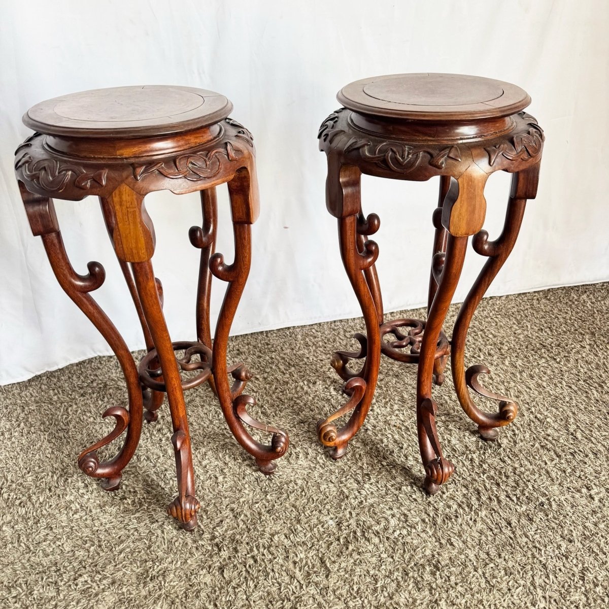 Antique Chinoiserie Burl Plant Stands/Side Tables - A Pair - Dolphin & Flamingo